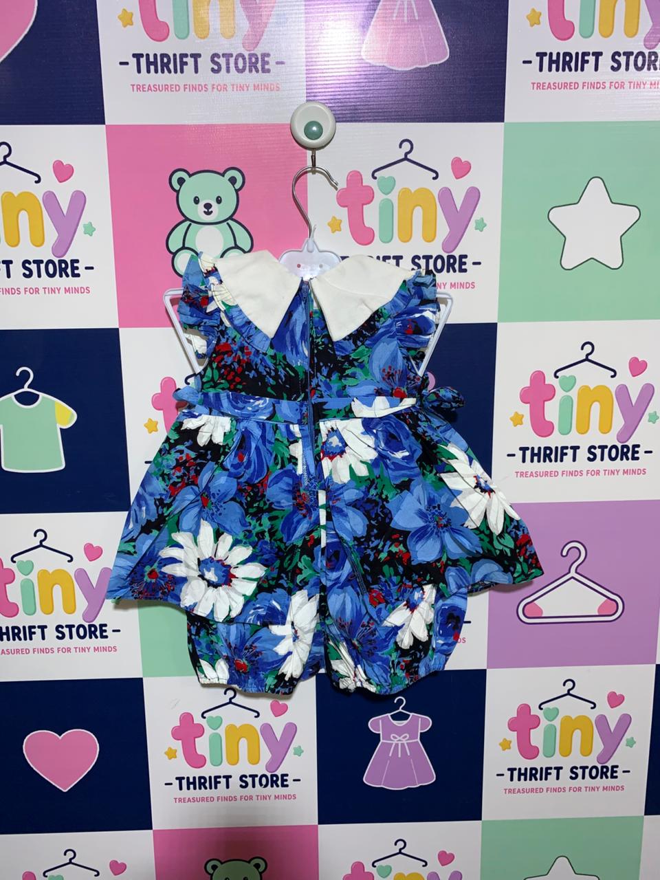 Simi Baby Girls Blue Floral Vintage-Style Romper with Peter Pan Collar - Size 18M (Estimated 1.5 Years Old) AB1