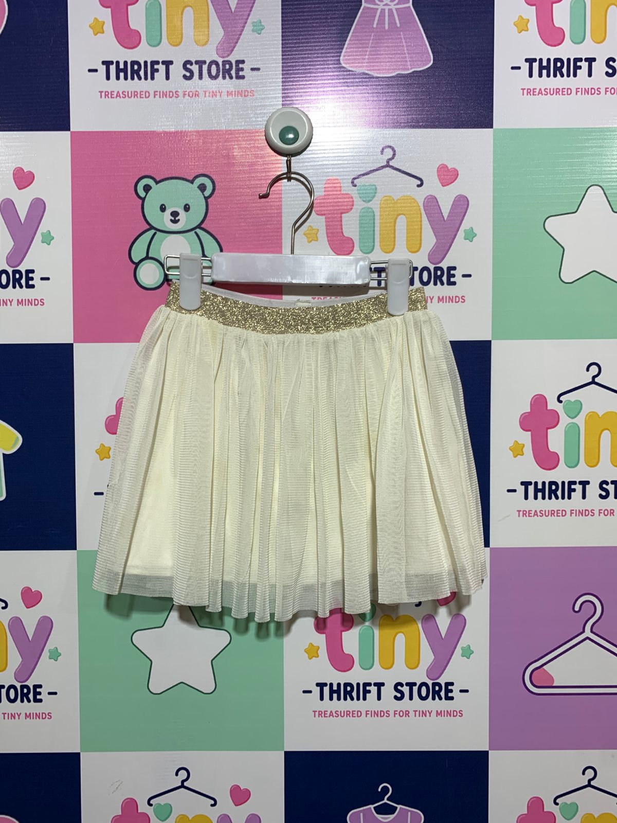 Uniqlo Girls' Cream Tulle Skirt with Gold Glitter Waistband - Size S (Estimated 3 - 4 Years) AB1