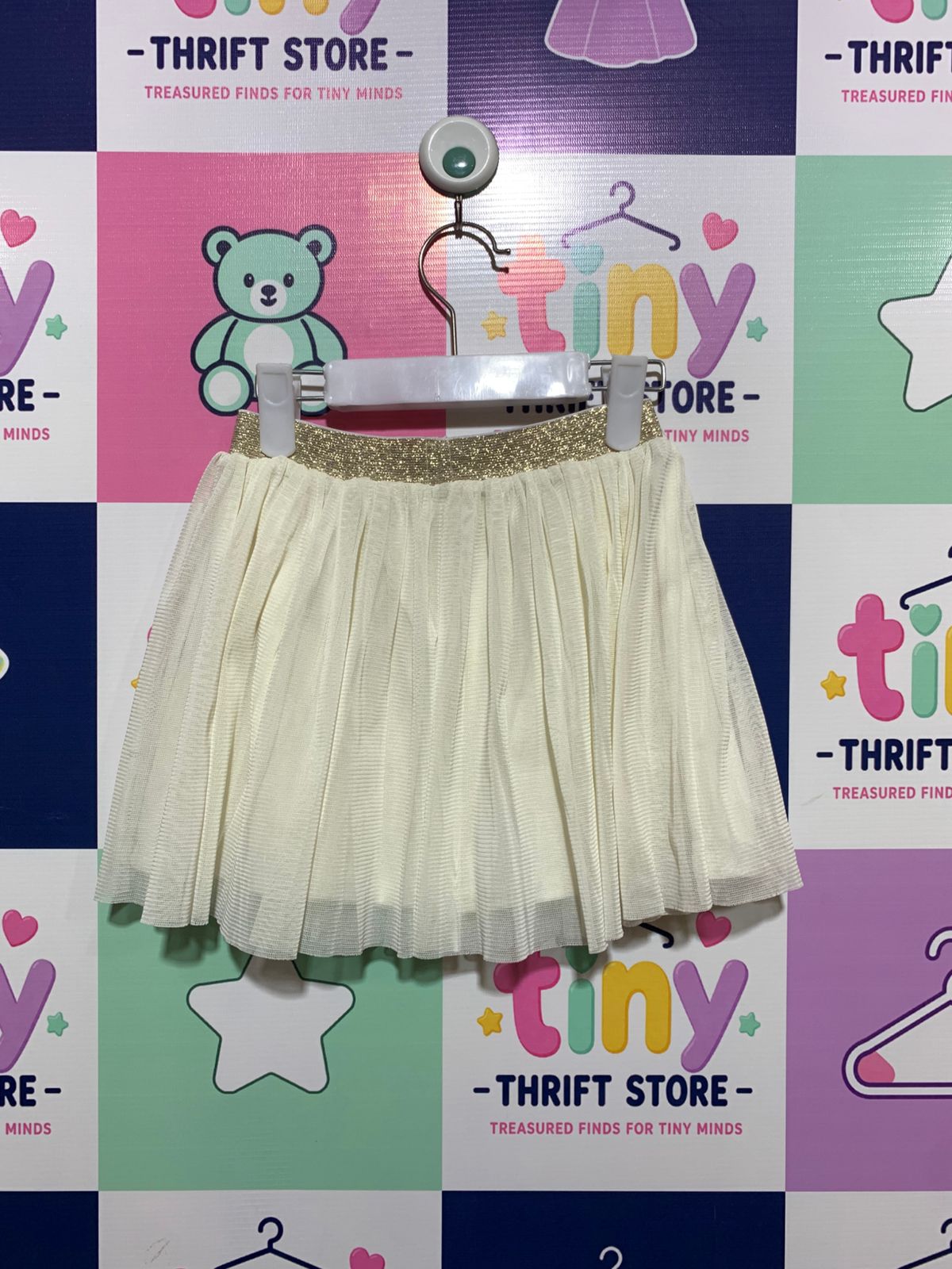 Uniqlo Girls' Cream Tulle Skirt with Gold Glitter Waistband - Size S (Estimated 3 - 4 Years) AB1