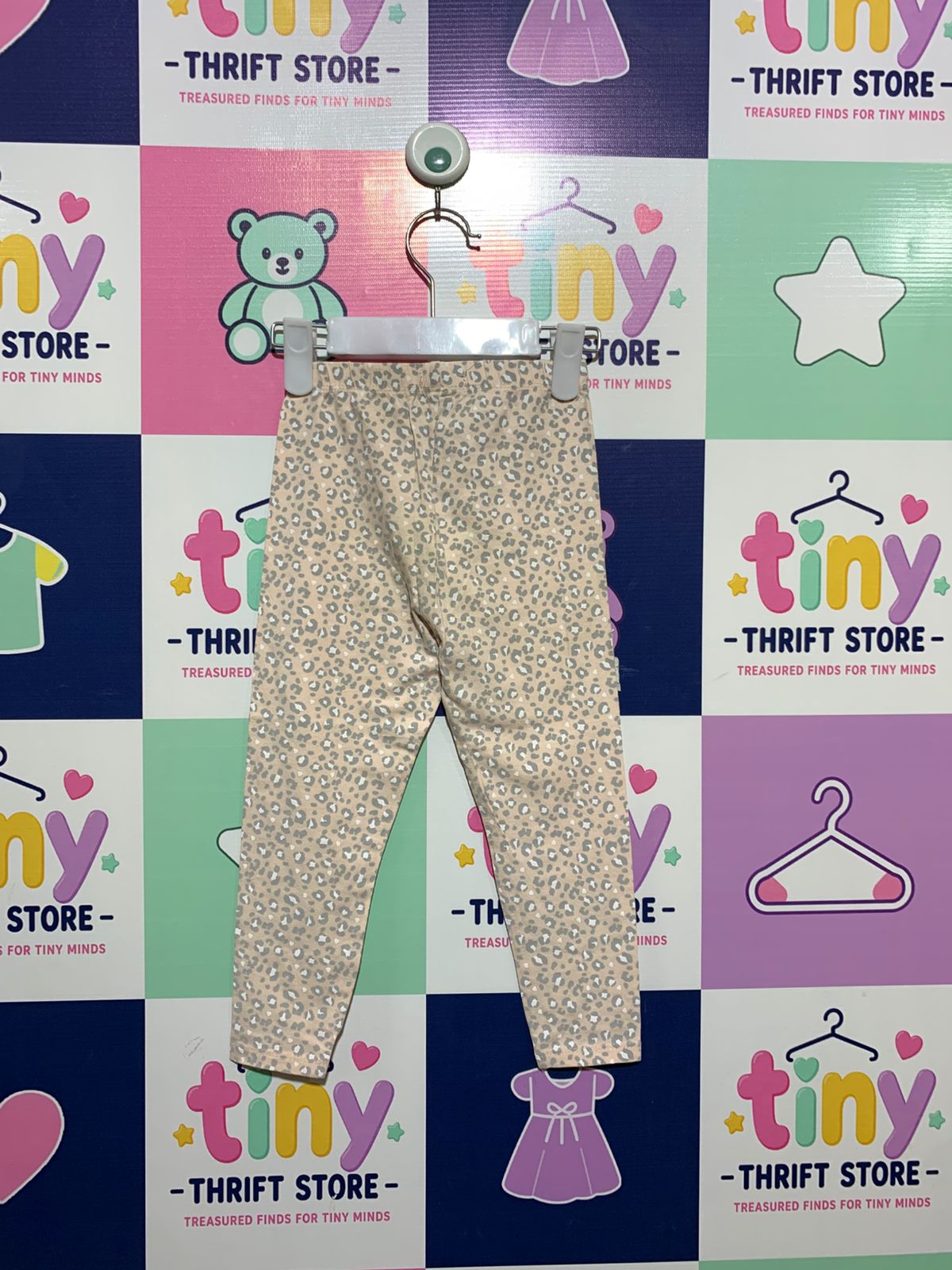 Inextenso Kids Peach & Grey Leopard Print Stretch Leggings - Size 98cm (Estimated 2-3 Years) AB1