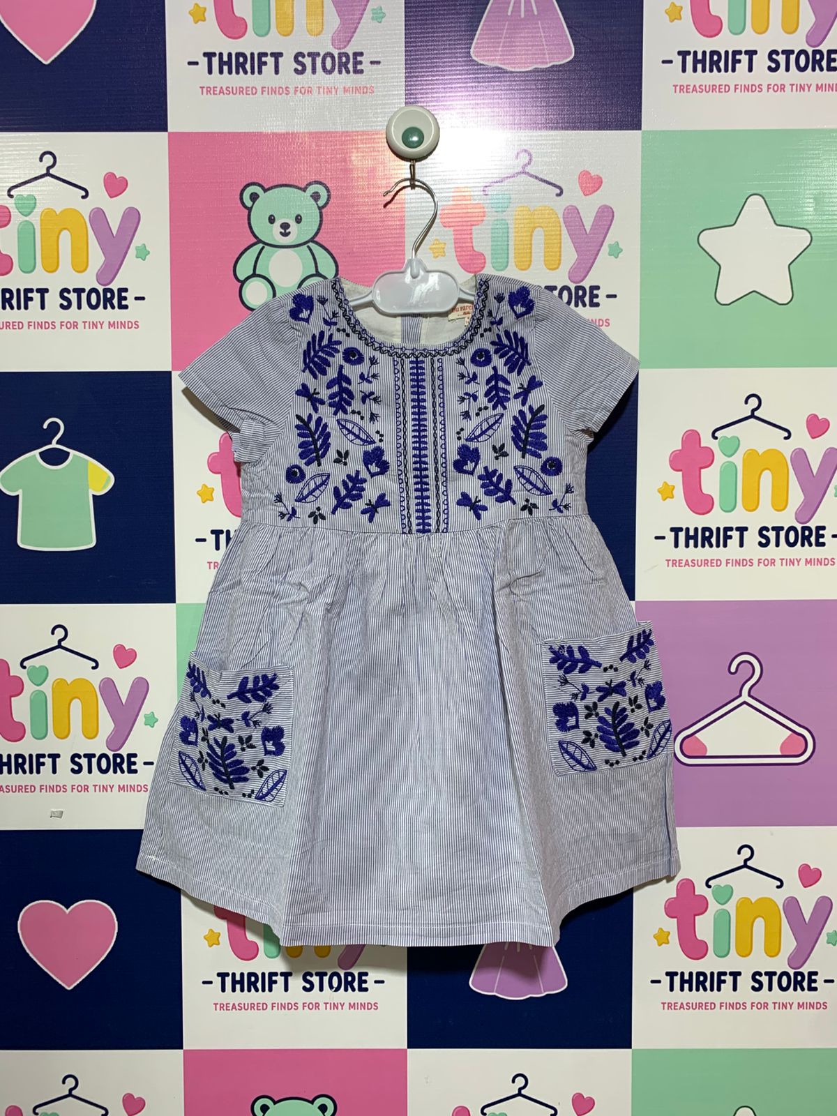 Du Pareil au Même Girls Blue Striped Embroidered Dress - Size 4 Years AB1
