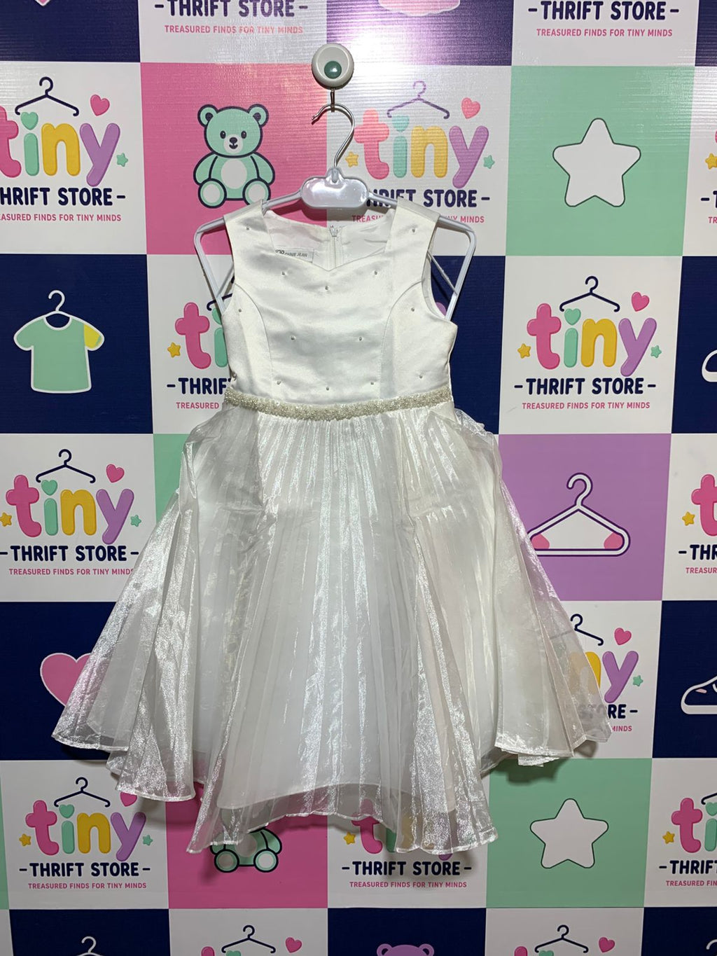 Bonnie Jean Girls White Shimmer Tulle Party Dress - Size 4 AB1