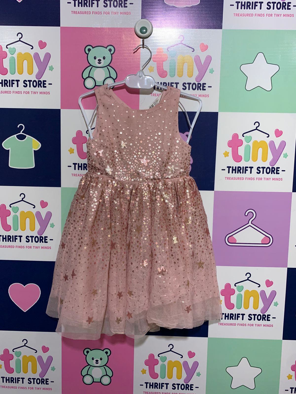 H&M Toddler Girls Rose Gold Sequin Star Tulle Dress - Size 4T AB1