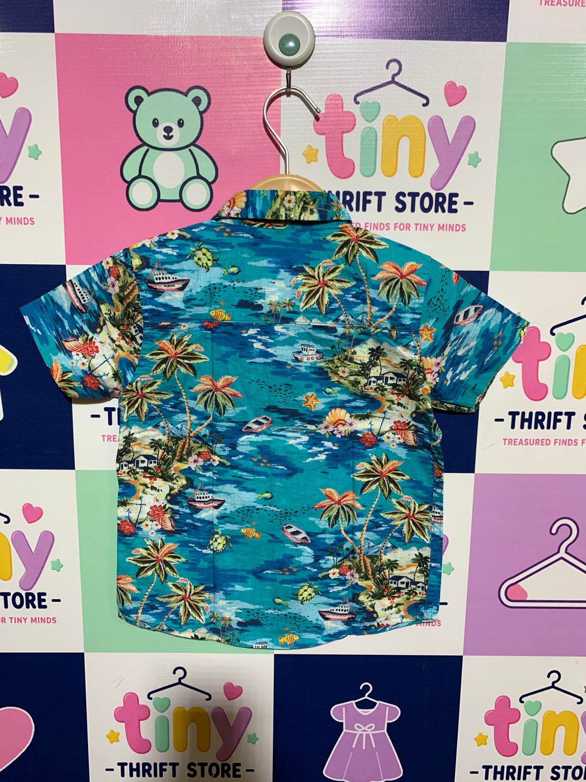 NEXT Toddler Boys' Teal Tropical Island Print Hawaiian Shirt - Size 2-3 Years AB1