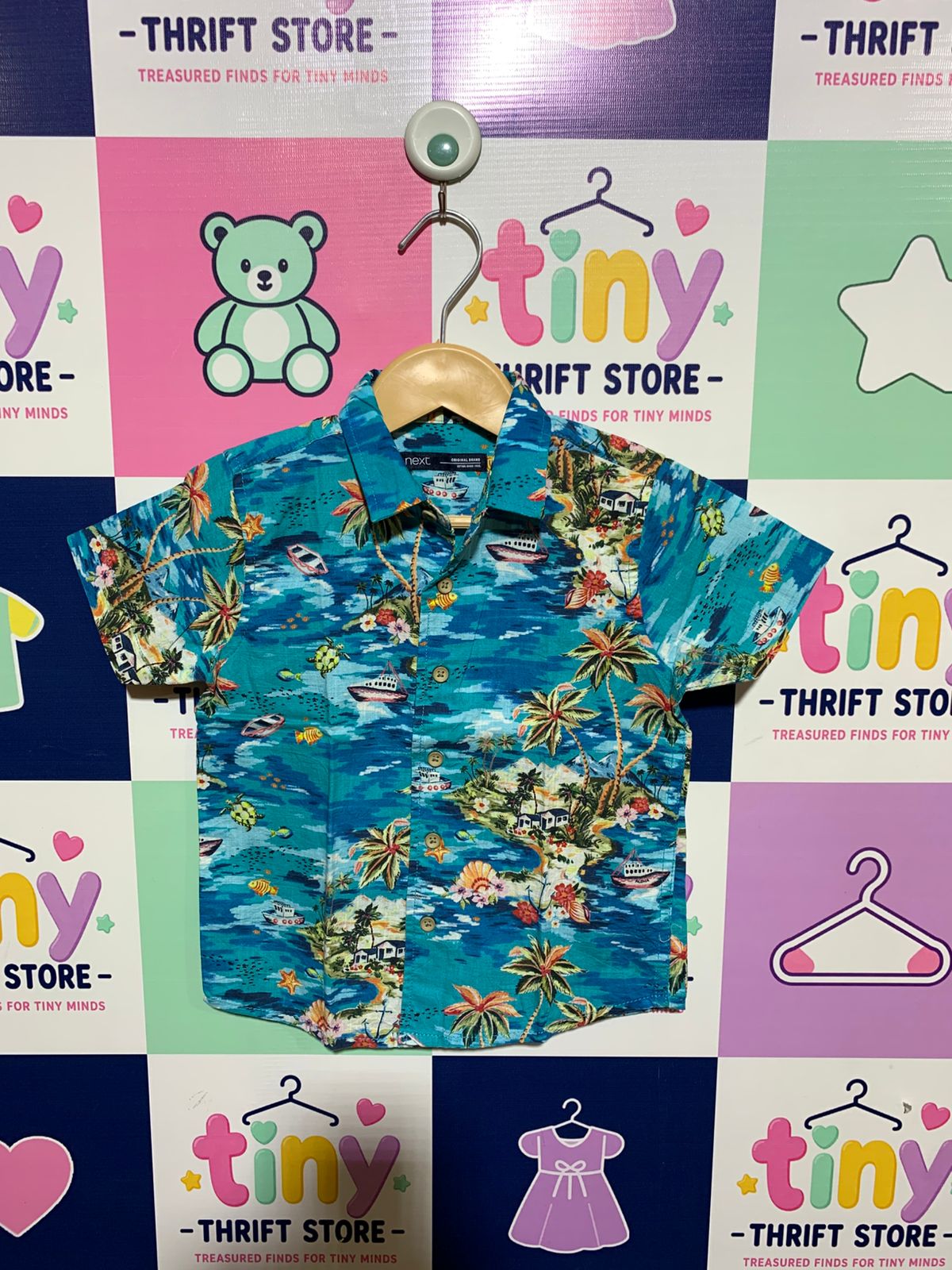 NEXT Toddler Boys' Teal Tropical Island Print Hawaiian Shirt - Size 2-3 Years AB1