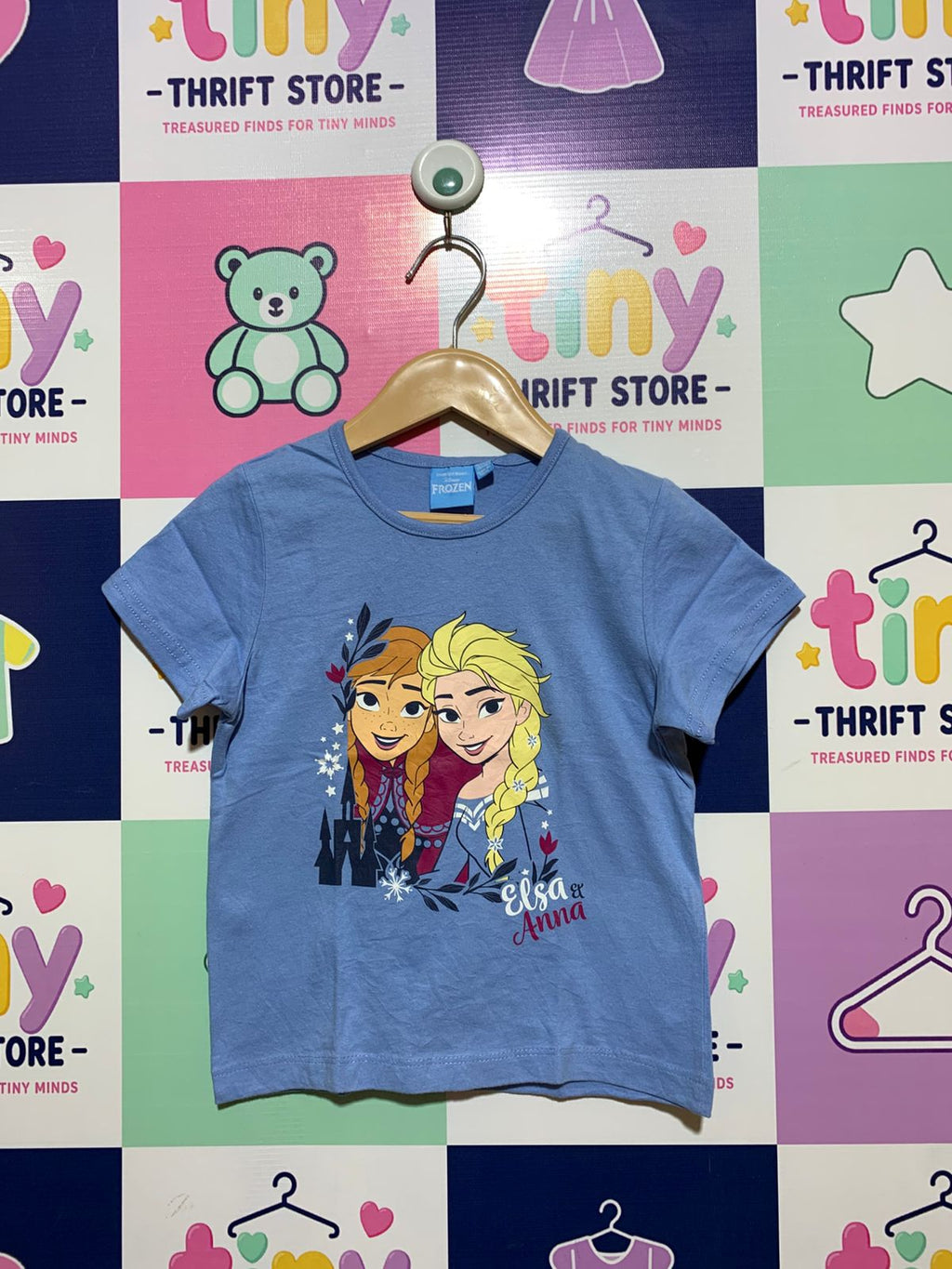 Disney Frozen Elsa & Anna Girls' Blue Graphic T-Shirt - Size 5-6 Years AB1
