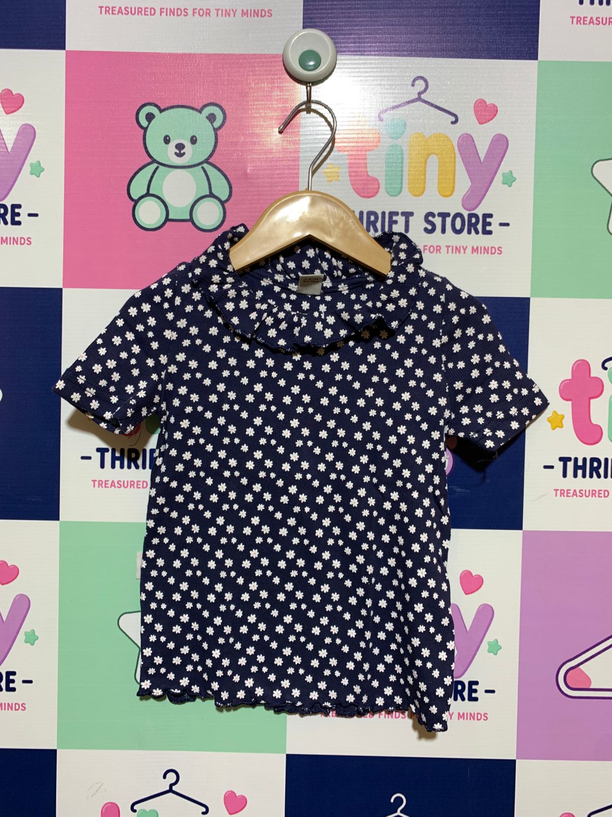 Tu Kids Navy Daisy Print Ruffle Neck Ribbed Top - Size 4-5 Years AB1