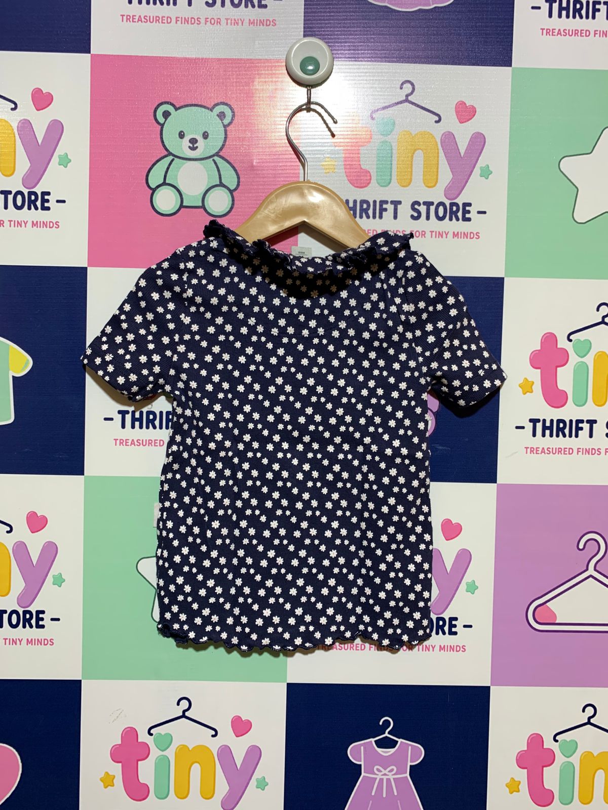 Tu Kids Navy Daisy Print Ruffle Neck Ribbed Top - Size 4-5 Years AB1