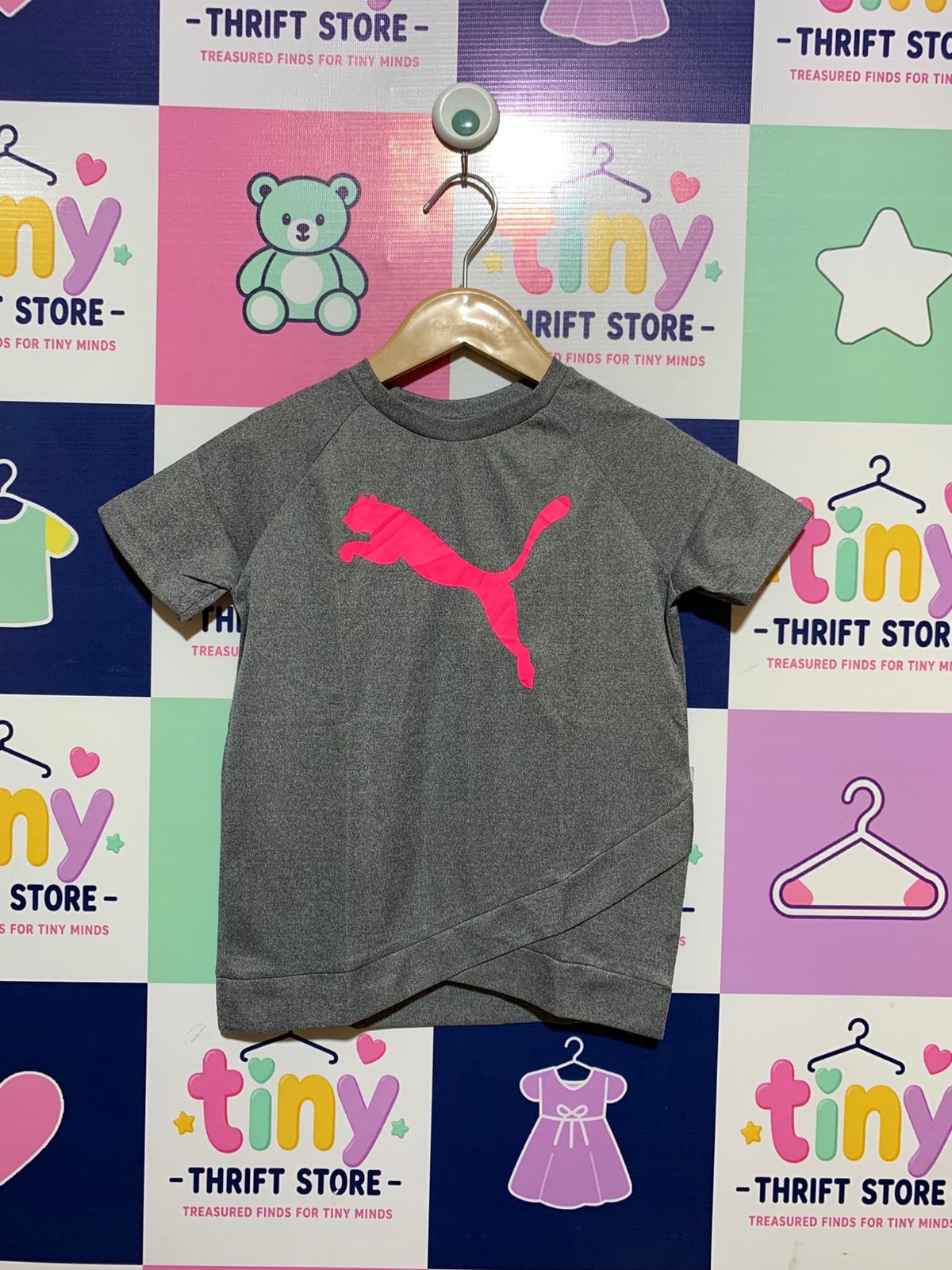 Puma Kids Heather Grey Performance Tee with Neon Pink Logo - Size 6 AB1