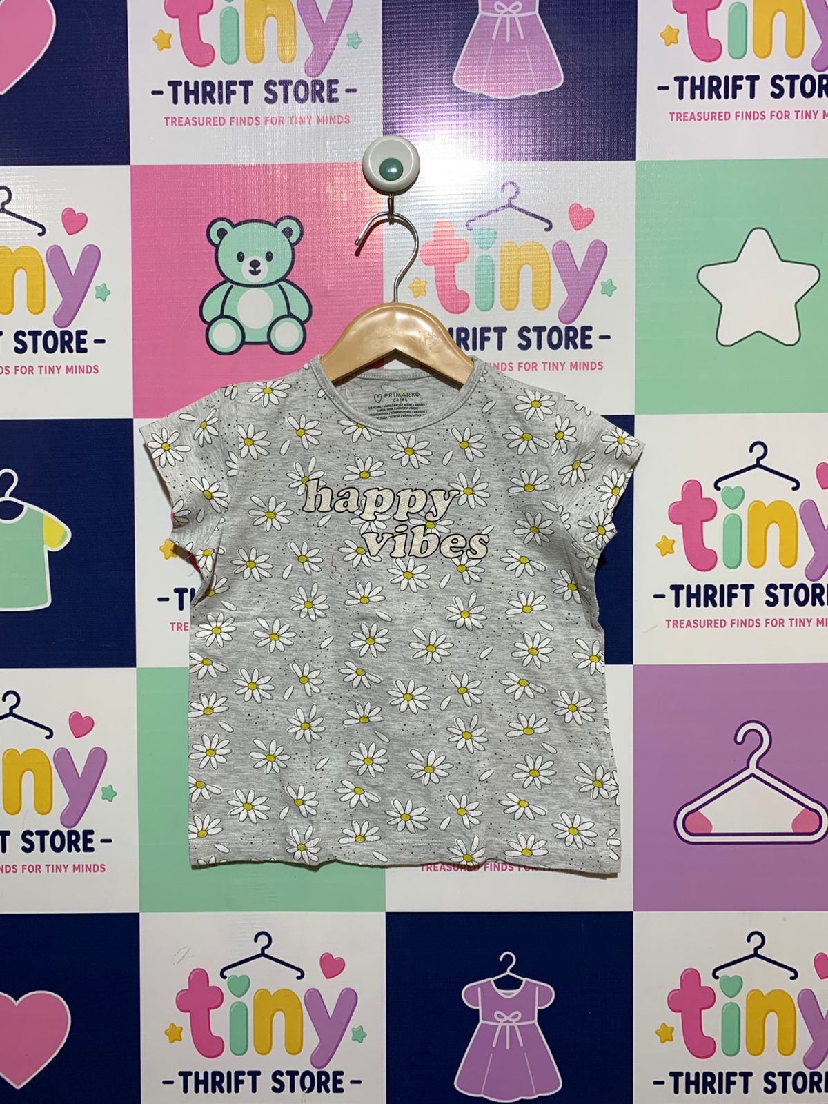 Primark Cares Girls' Grey "Happy Vibes" Daisy Print T-Shirt - Size 4-5 Years AB1