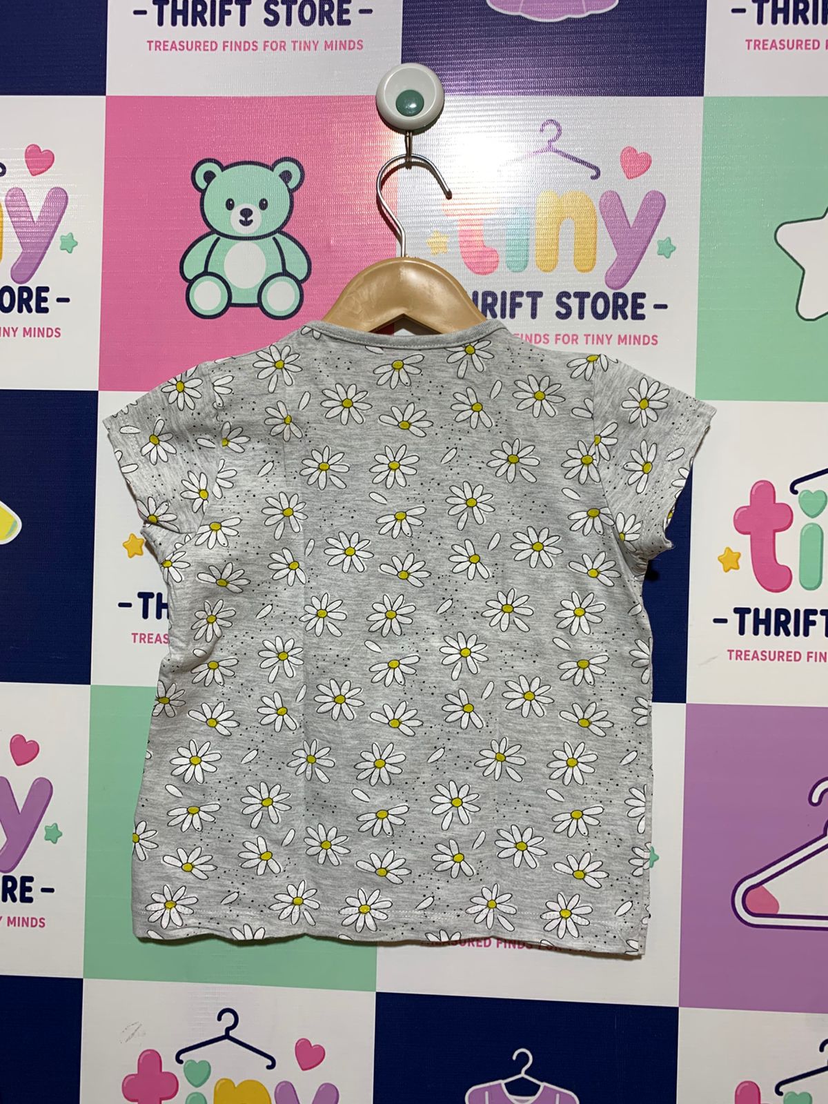 Primark Cares Girls' Grey "Happy Vibes" Daisy Print T-Shirt - Size 4-5 Years AB1