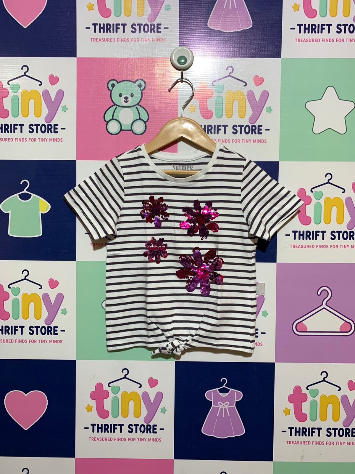 Nutmeg Girls' Striped Sequin Flower Tie-Front T-Shirt - Size 5-6 Years AB1