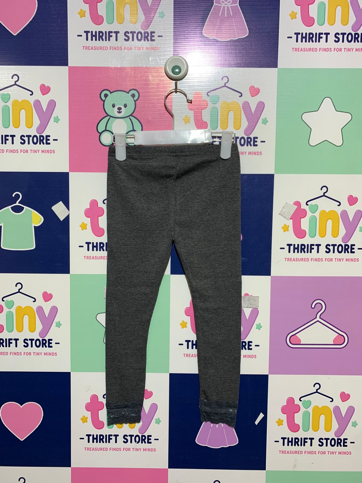 Navy. Girls' Charcoal Grey Lace-Trim Leggings - Size 4-5 Years AB1