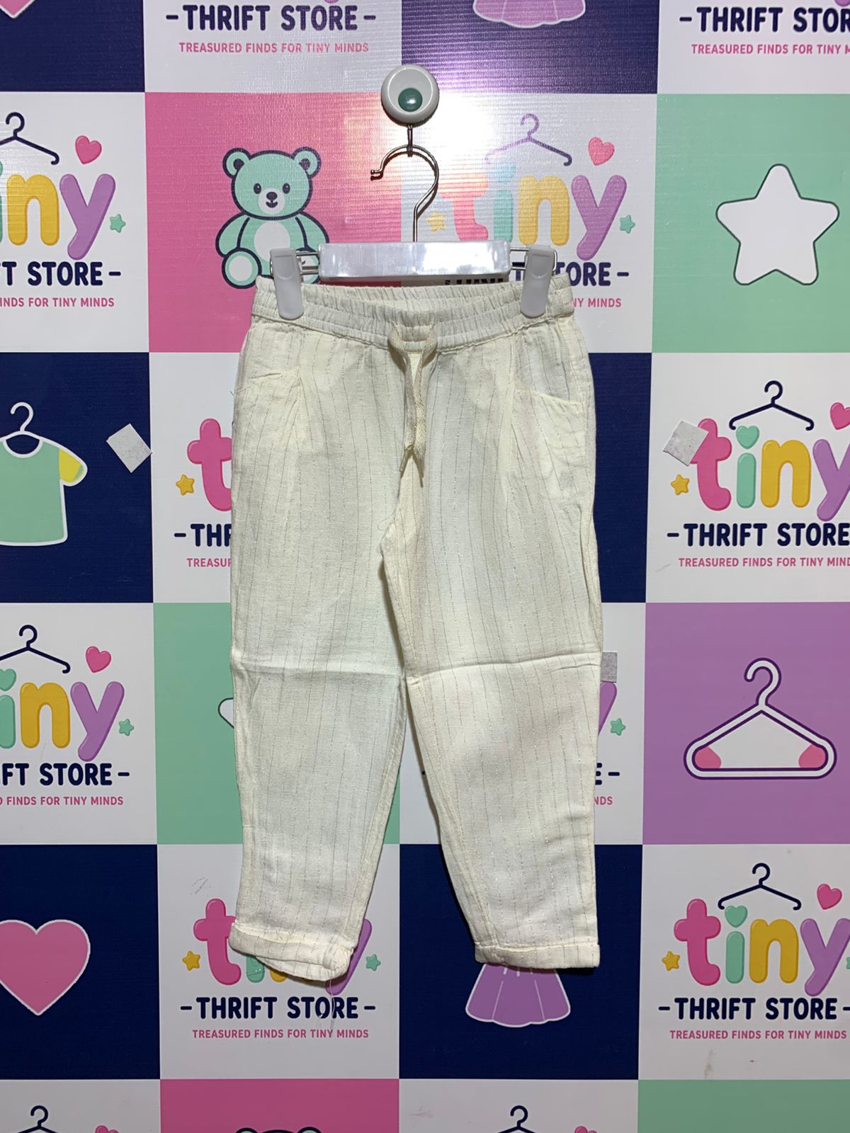 Kiabi Girls' Off-White Striped Linen-Blend Trousers - Size 5 Years AB1