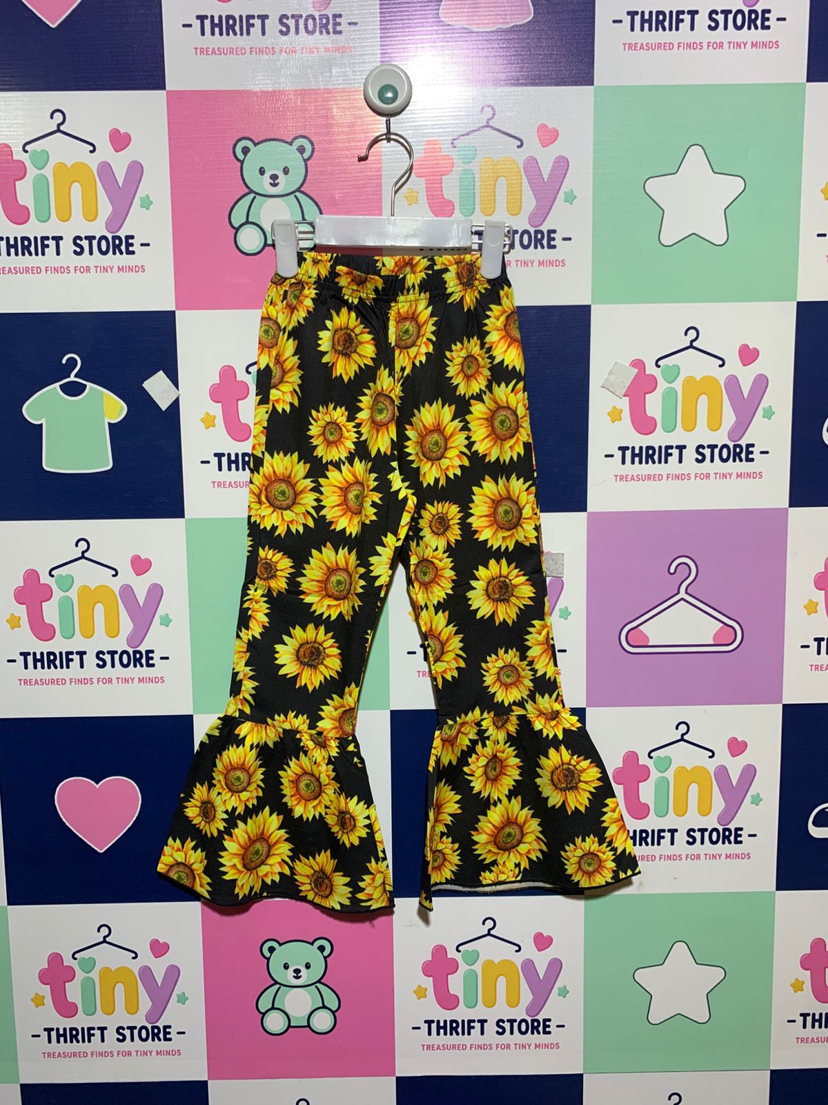 SHEIN Girls' Sunflower Print Ruffle Bell-Bottom Leggings - Size 5 Years AB1