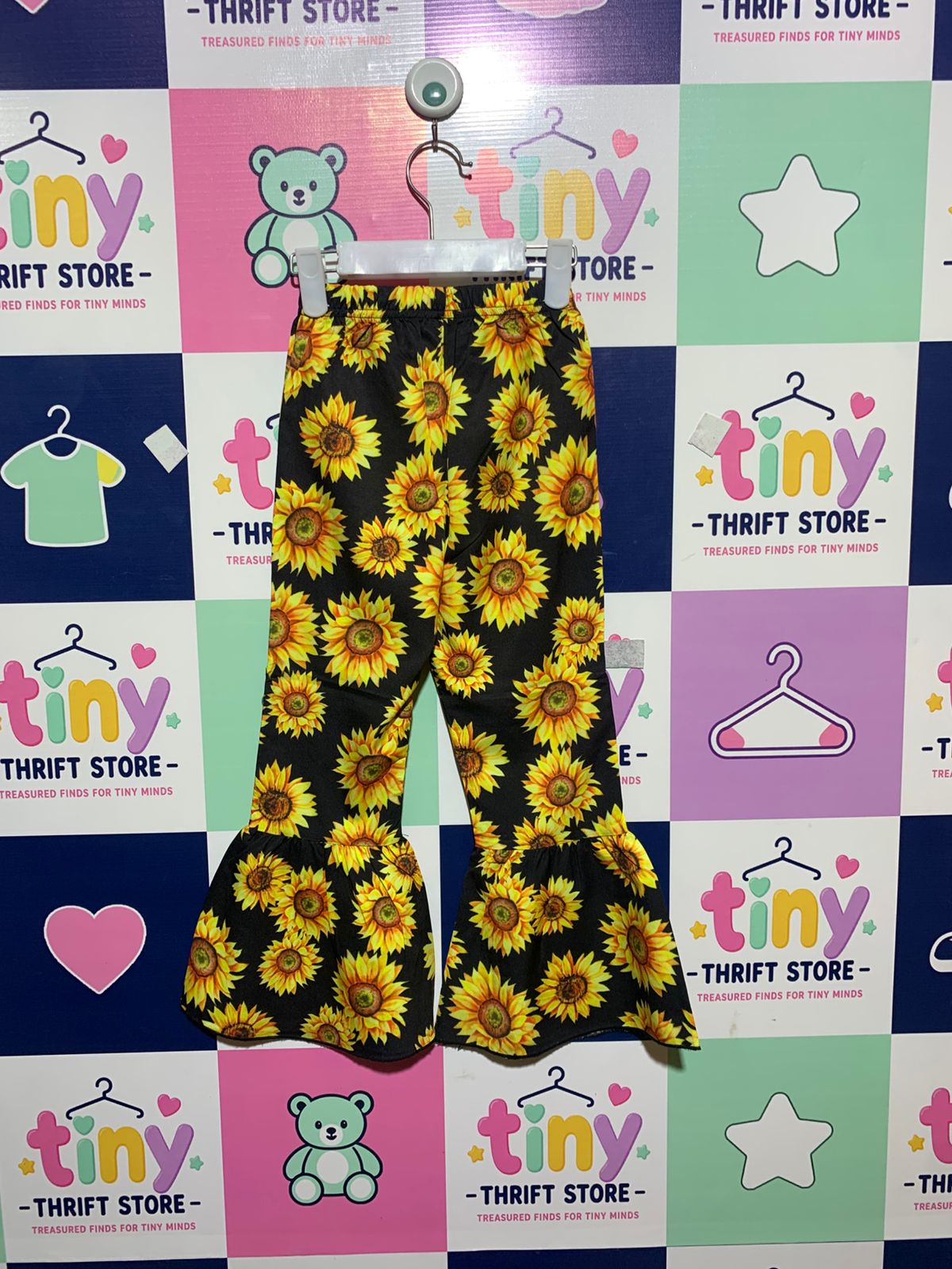 SHEIN Girls' Sunflower Print Ruffle Bell-Bottom Leggings - Size 5 Years AB1