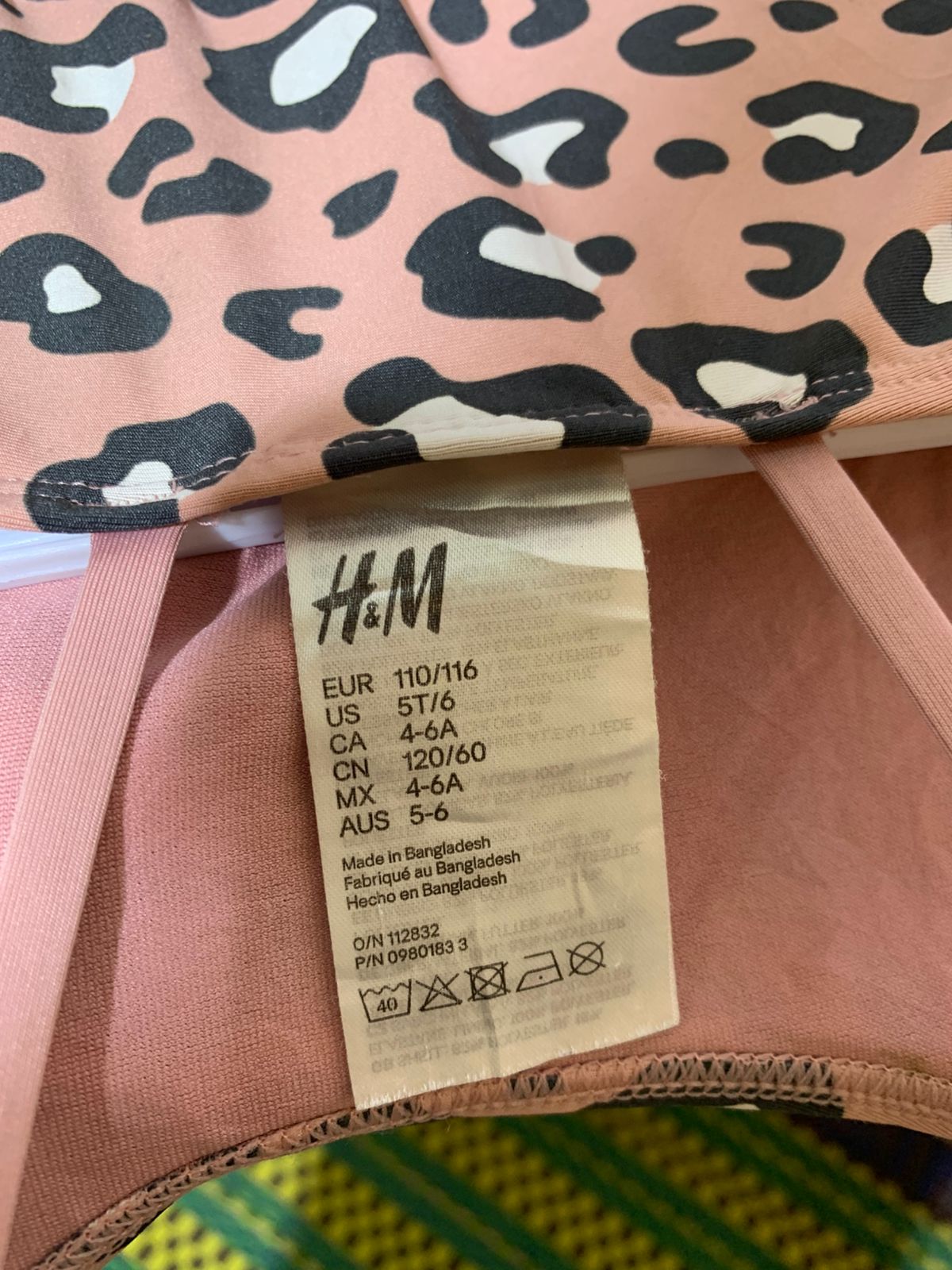 H&M Girls' Dusty Pink Leopard Print One-Piece Swimsuit - Size 5-6 Years AB1