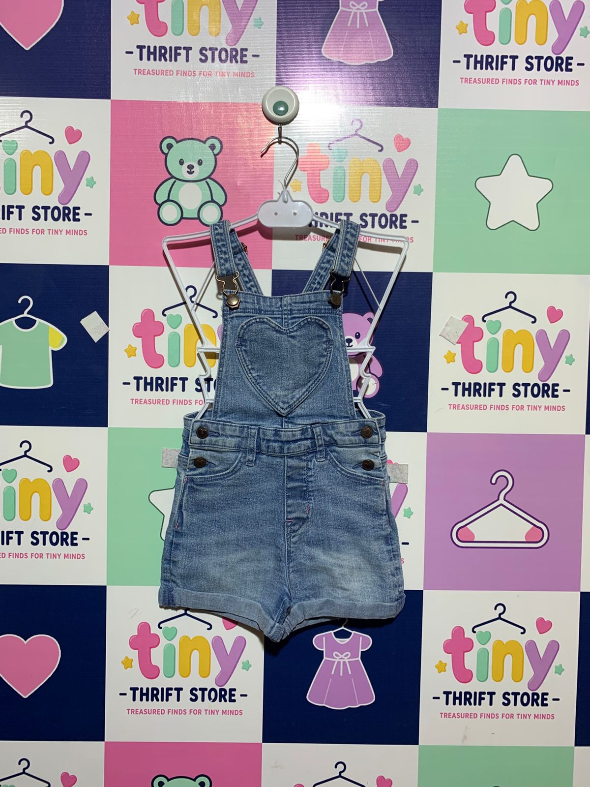 M&Co Girls' Heart Pocket Denim Short Dungarees - Size 4-5 Years AB1