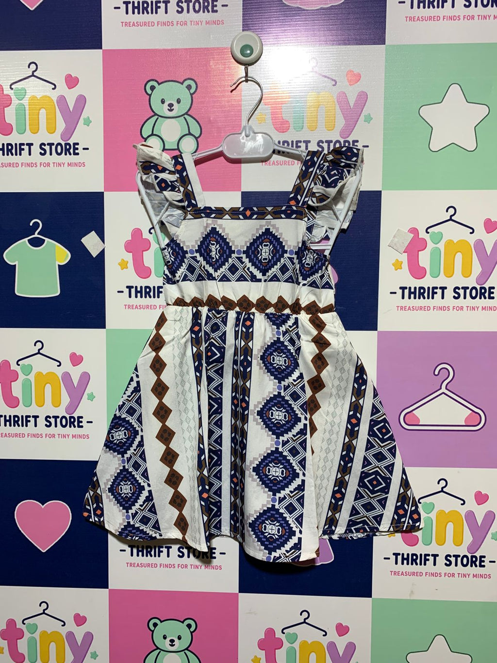 Girls' Blue and Brown Tribal Geometric Print Ruffle Dress Estimated Age: 4–5 Years AB1