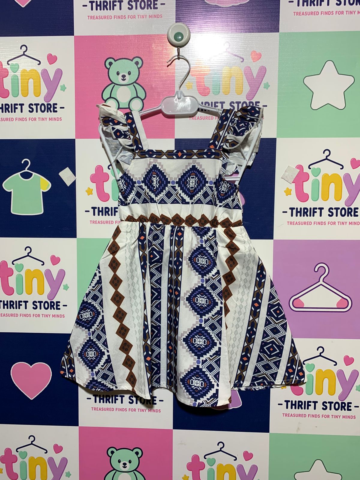 Girls' Blue and Brown Tribal Geometric Print Ruffle Dress Estimated Age: 4–5 Years AB1