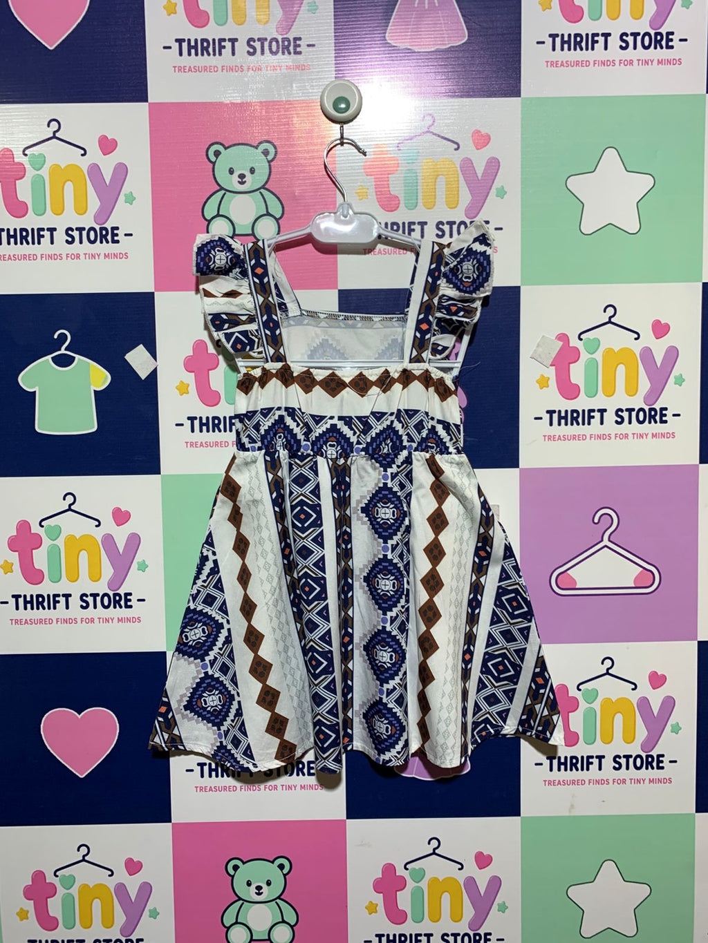 Girls' Blue and Brown Tribal Geometric Print Ruffle Dress Estimated Age: 4–5 Years AB1