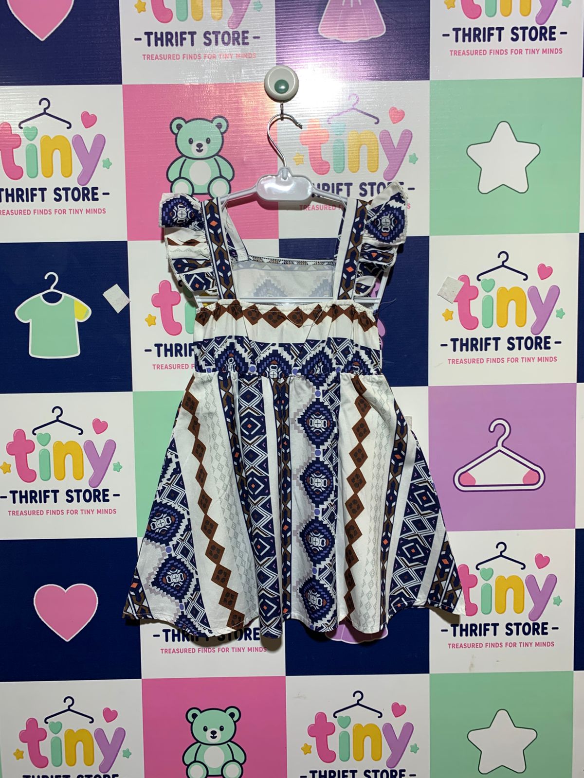 Girls' Blue and Brown Tribal Geometric Print Ruffle Dress Estimated Age: 4–5 Years AB1