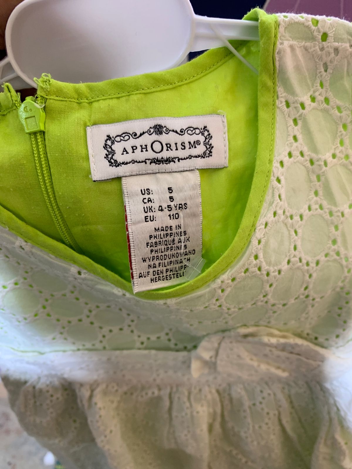 Aphorism Girls' Lime Green & White Eyelet Lace Dress - Size 4-5 Years AB1