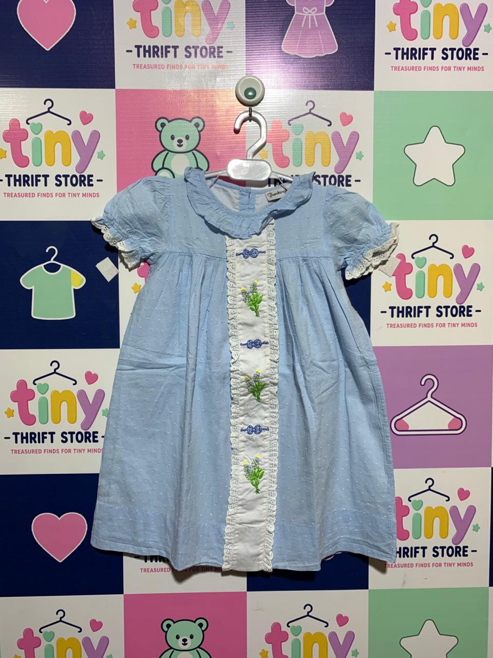 Smockingbird Girls' Blue Swiss Dot Floral Embroidered Dress - Size 5 AB1
