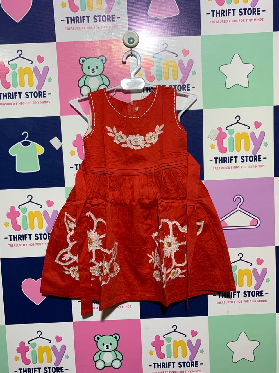 Girls' Terracotta Red Floral Embroidered Party Dress - Size 3-4 Years AB1