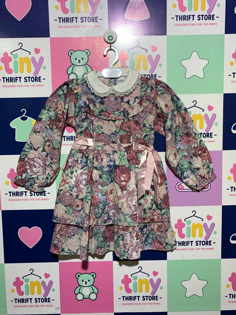 Vintage-Style Floral Ruffle Long-Sleeve Dress - Size 5-6 Years AB1