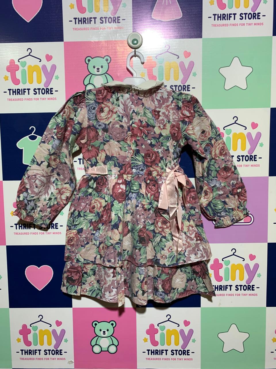 Vintage-Style Floral Ruffle Long-Sleeve Dress - Size 5-6 Years AB1