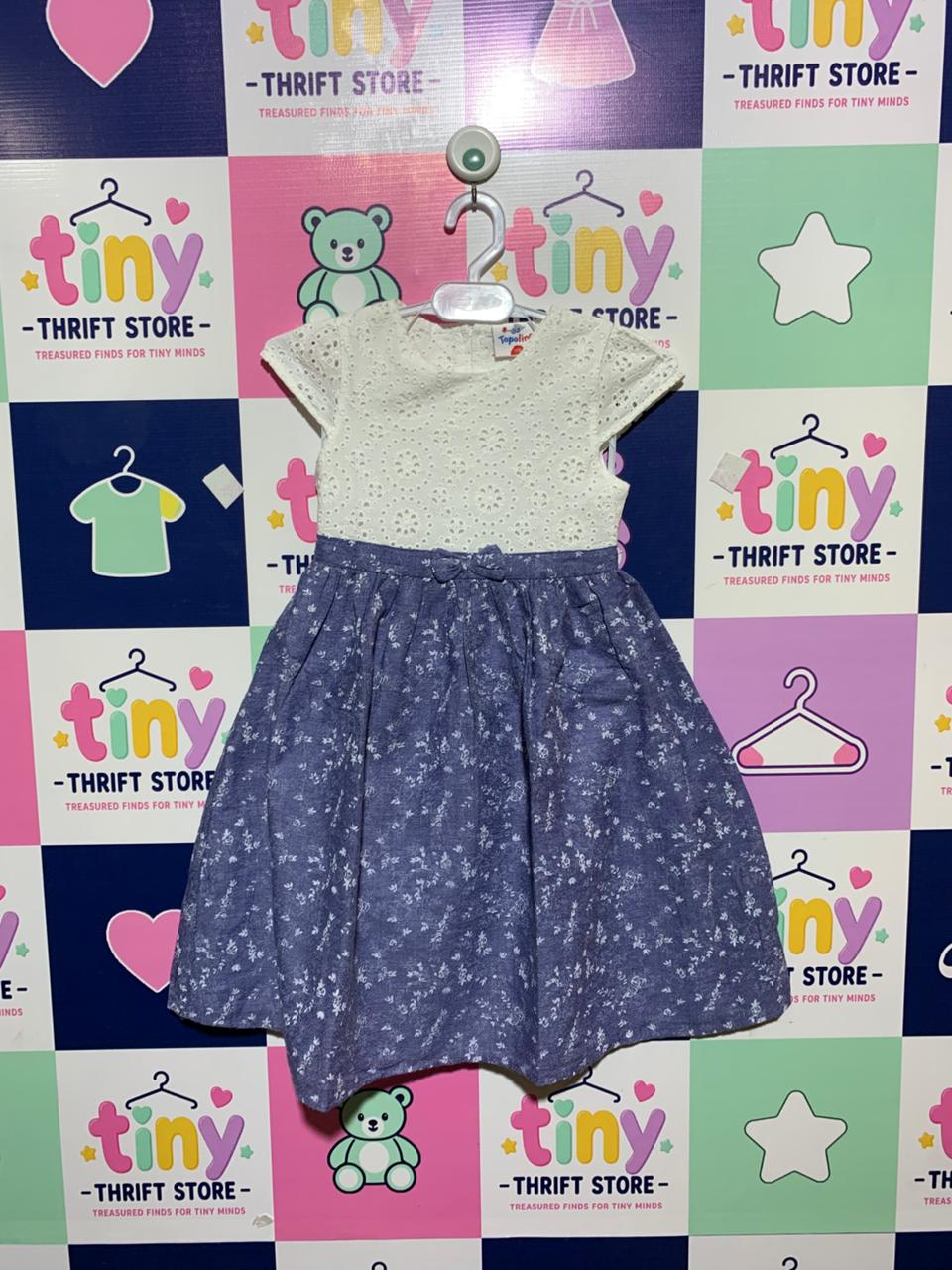 Topolino Girls' White Eyelet & Blue Floral Party Dress - Size 5-6 Years AB1