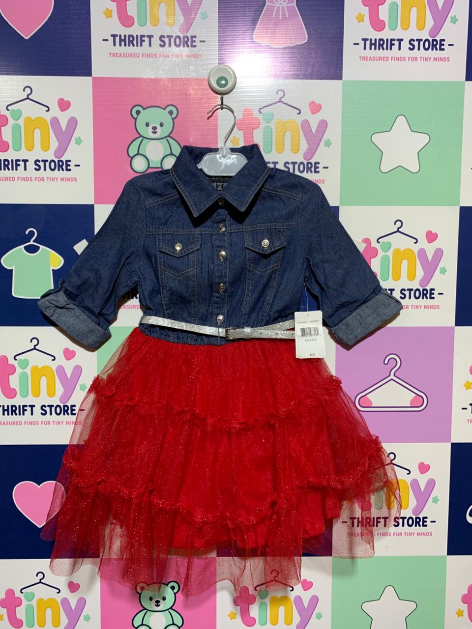 Lilt Girls' Denim & Red Glitter Tulle Tiered Dress - Size 6/6X AB1
