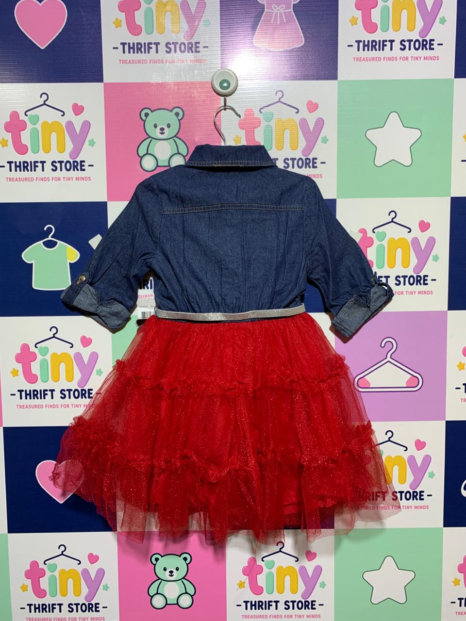 Lilt Girls' Denim & Red Glitter Tulle Tiered Dress - Size 6/6X AB1