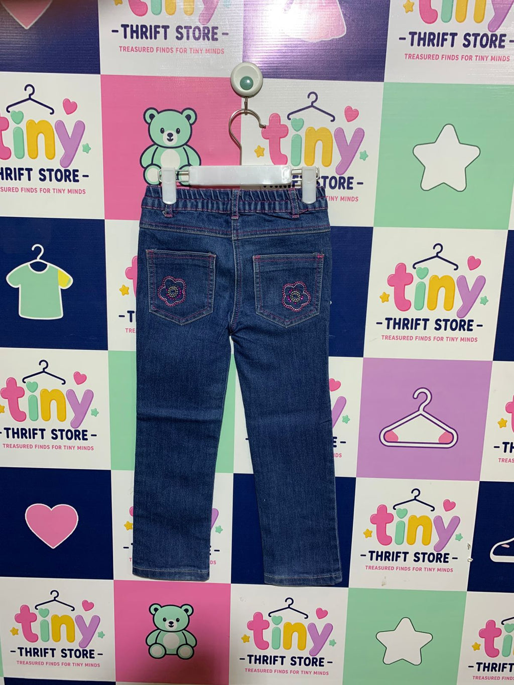 Denim Co. Girls' Pink Contrast Stitch Floral Embroidered Jeans - Size 5-6 Years AB1
