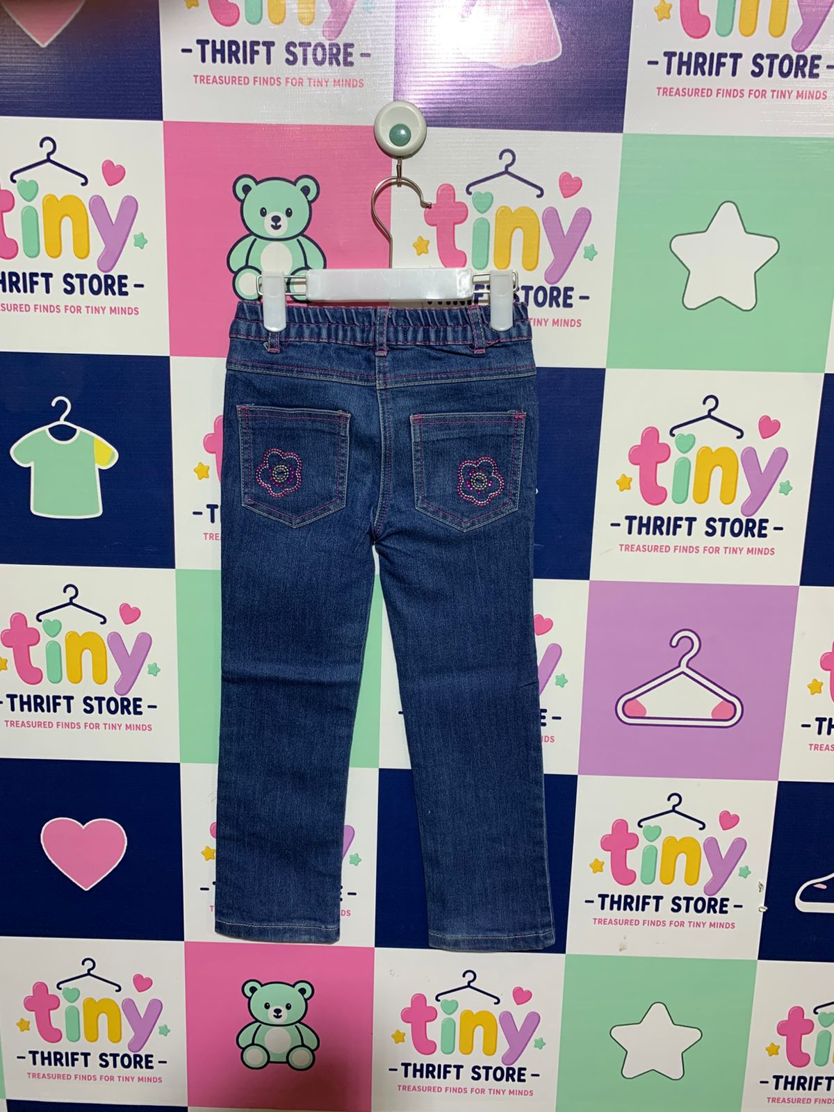 Denim Co. Girls' Pink Contrast Stitch Floral Embroidered Jeans - Size 5-6 Years AB1