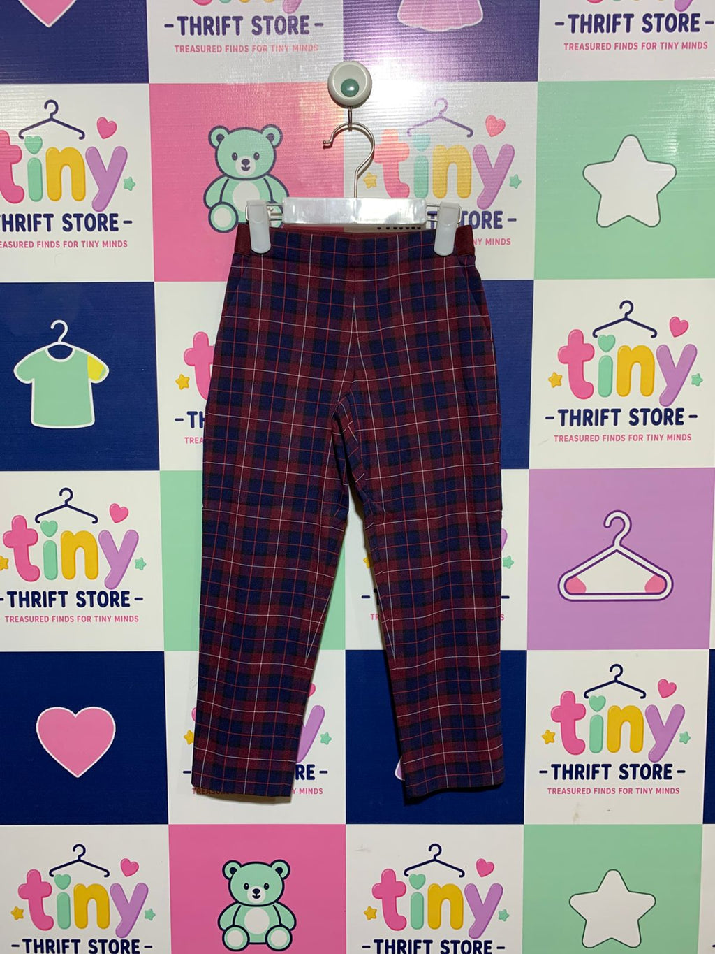 Uniqlo Kids Maroon & Navy Plaid Stretch Trousers - Size S AB1