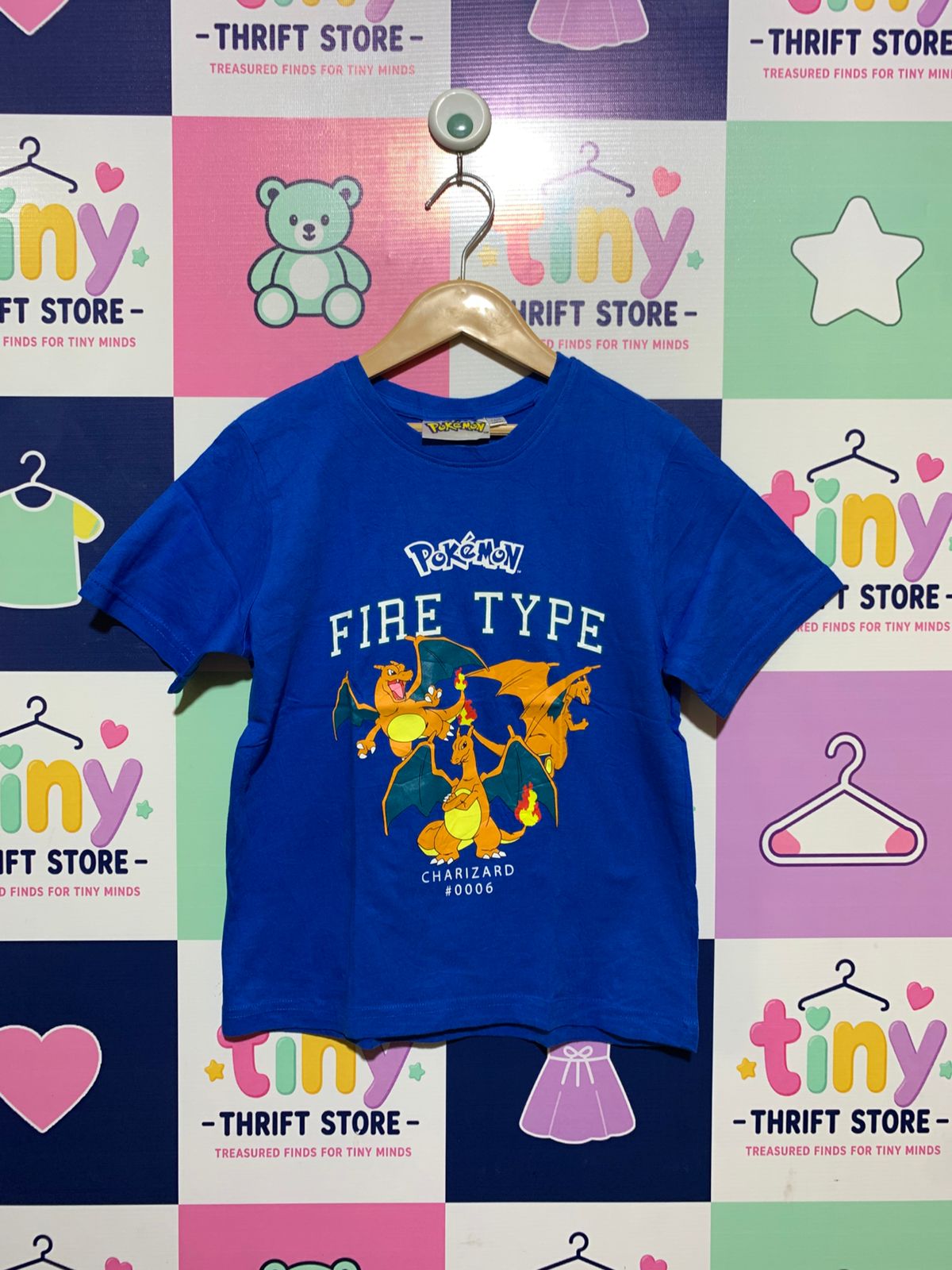 Official Pokémon Boys Royal Blue "Charizard Fire Type" Graphic Tee - Size Estimated Age 7-8 Years AB1