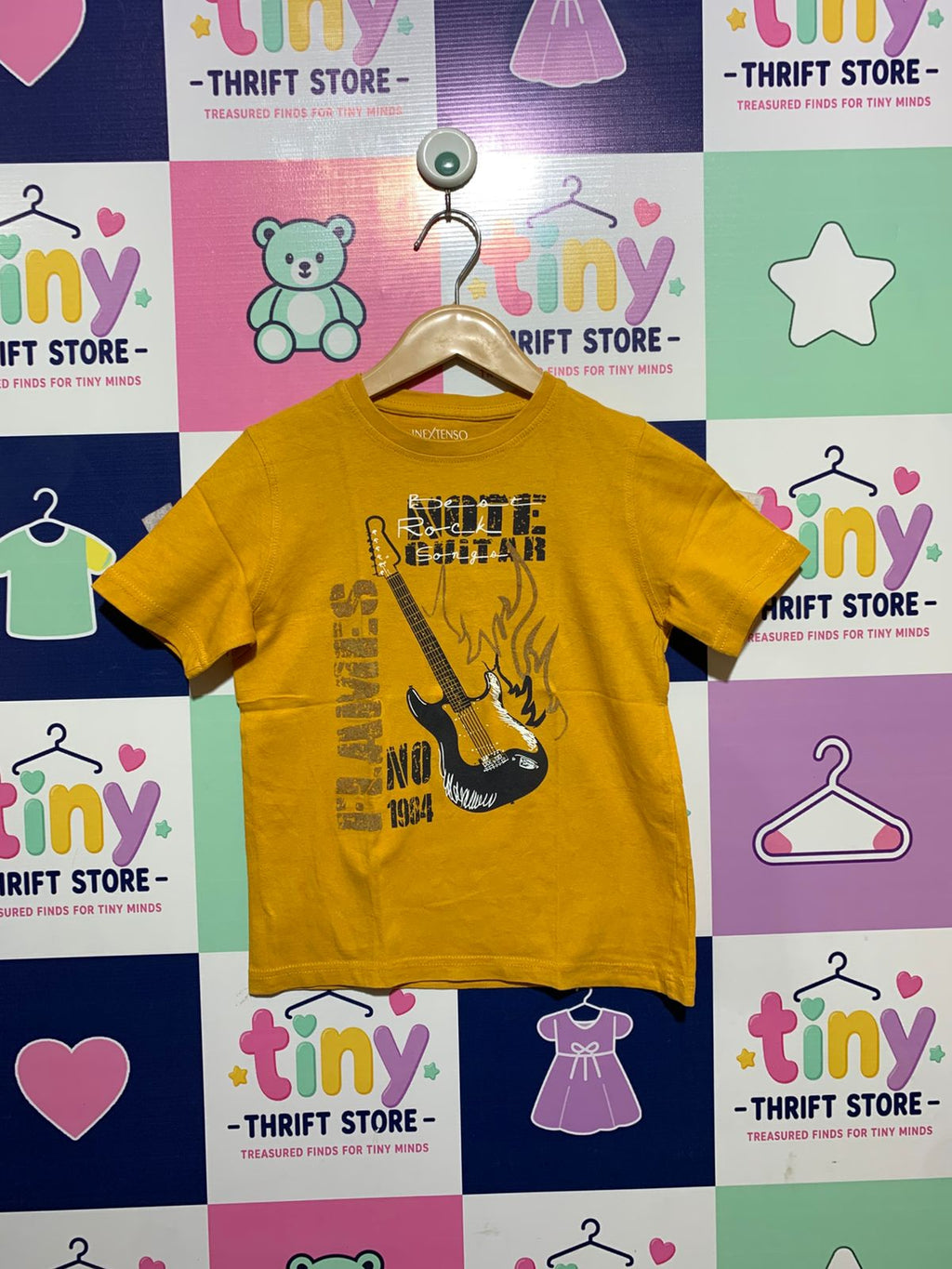 Inextenso Boys Mustard Yellow "Rock Guitar & Flames" Organic Cotton Tee - Size 8 (119-131cm) AB1