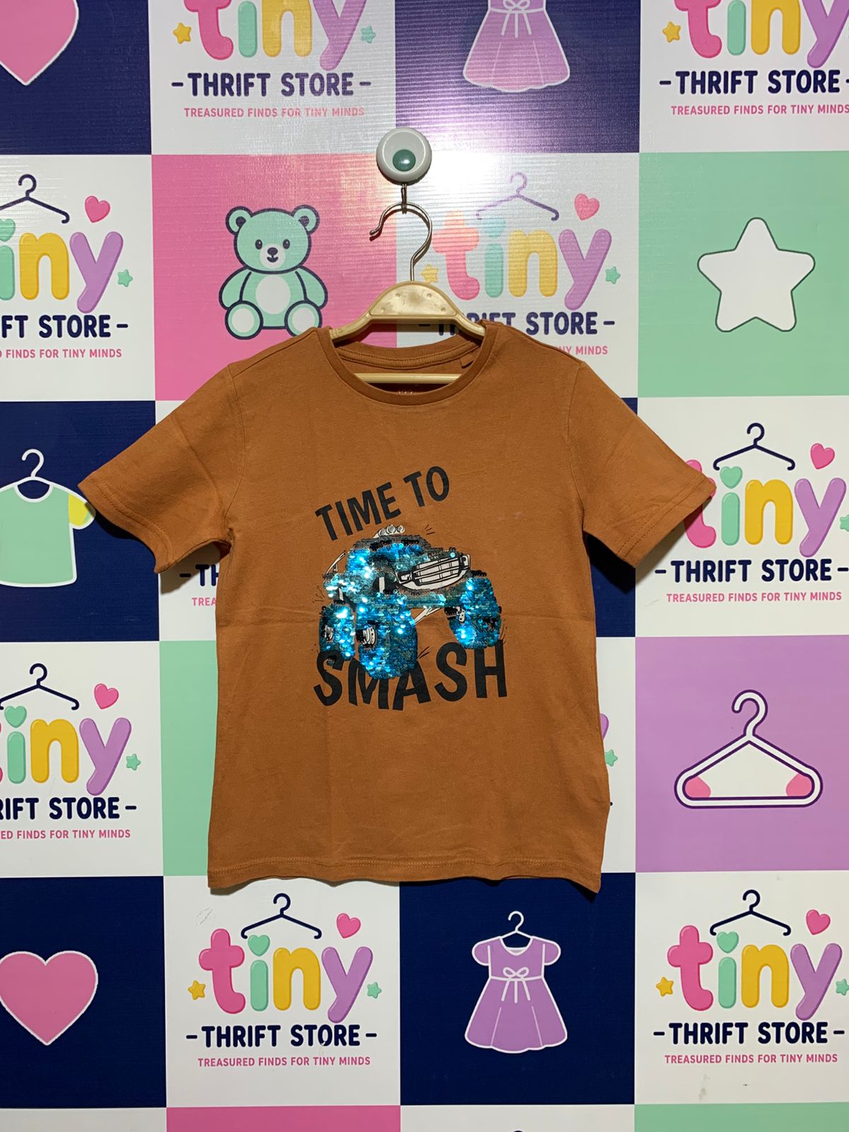 Sinsay Boys Terracotta "Time To Smash" Monster Truck Sequin Tee - Size 6-7 Years (122cm) AB1