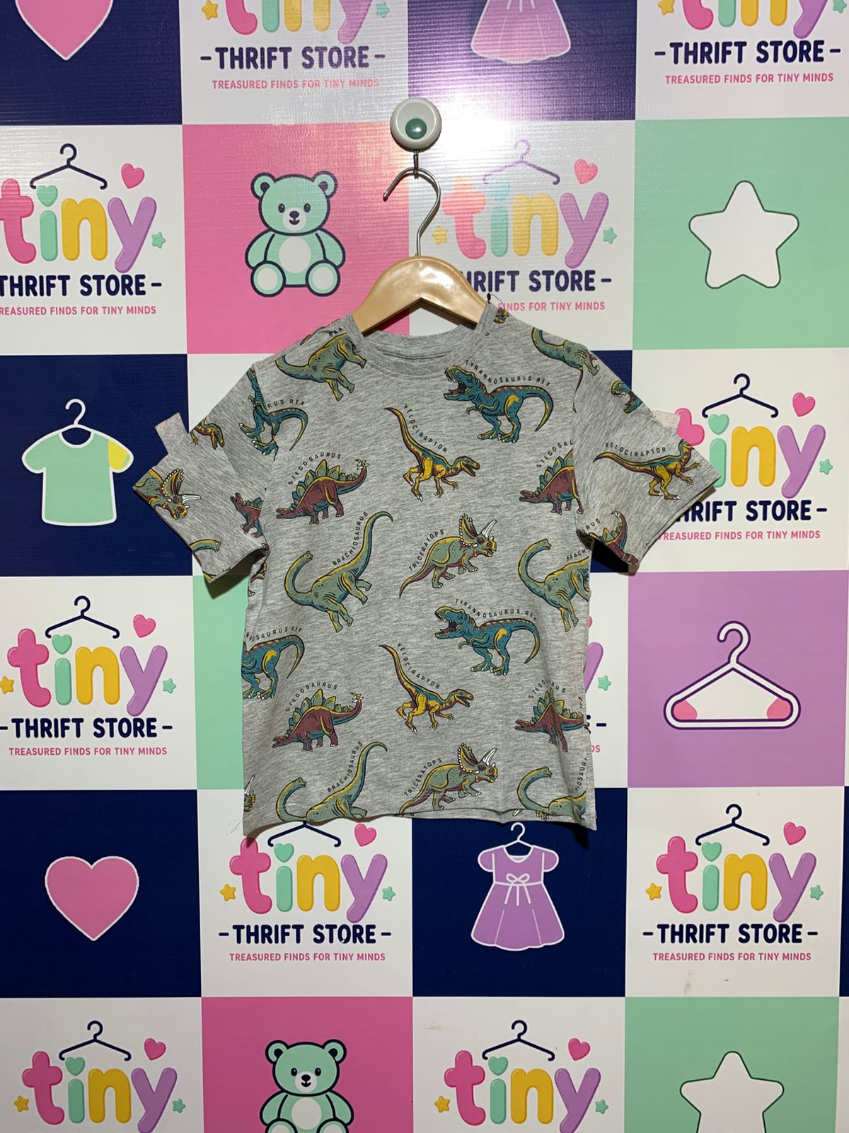 Primark Cares Boys Heather Grey "Dinosaur Kingdom" Short Sleeve Tee - Size 6-7Y (122CM) AB1