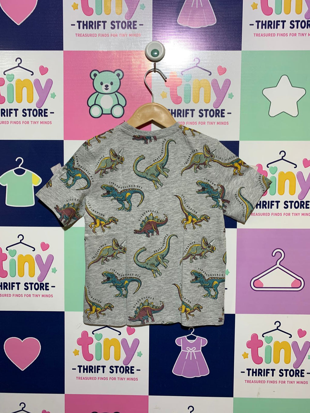 Primark Cares Boys Heather Grey "Dinosaur Kingdom" Short Sleeve Tee - Size 6-7Y (122CM) AB1