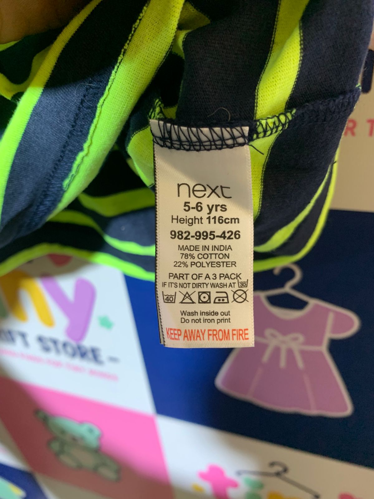 Next Boys Neon Lime & Navy Striped Cotton Tee - Size 116 (5-6 Years) AB1