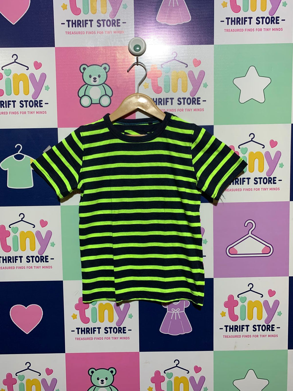 Next Boys Neon Lime & Navy Striped Cotton Tee - Size 116 (5-6 Years) AB1