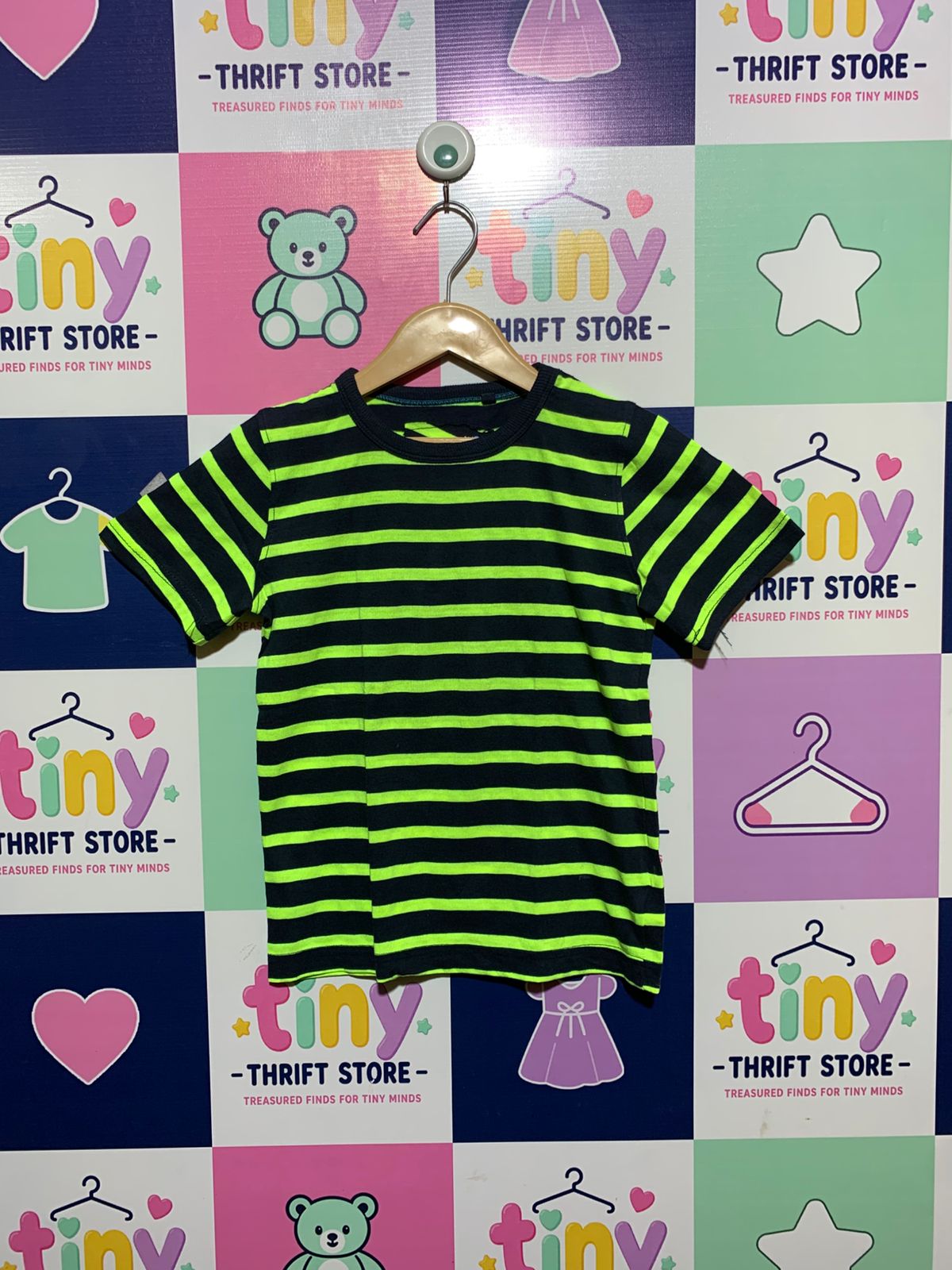 Next Boys Neon Lime & Navy Striped Cotton Tee - Size 116 (5-6 Years) AB1