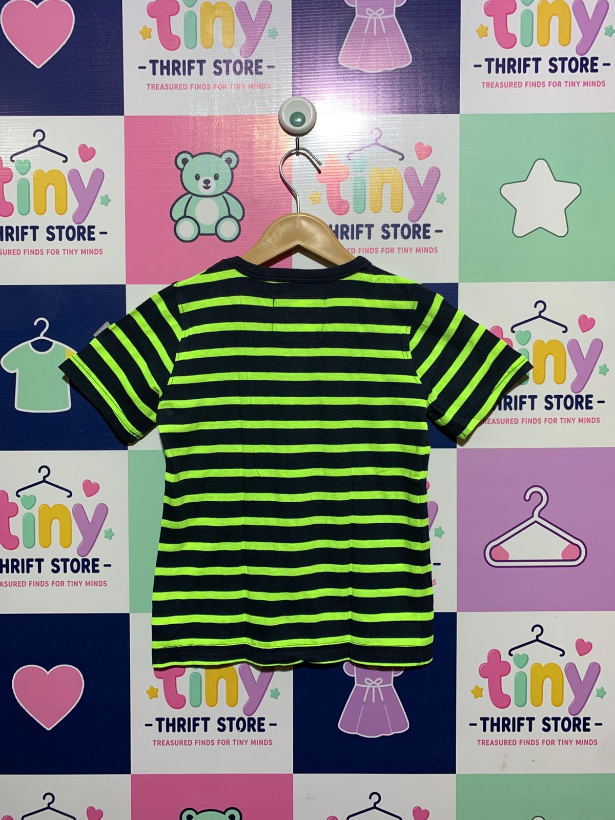 Next Boys Neon Lime & Navy Striped Cotton Tee - Size 116 (5-6 Years) AB1