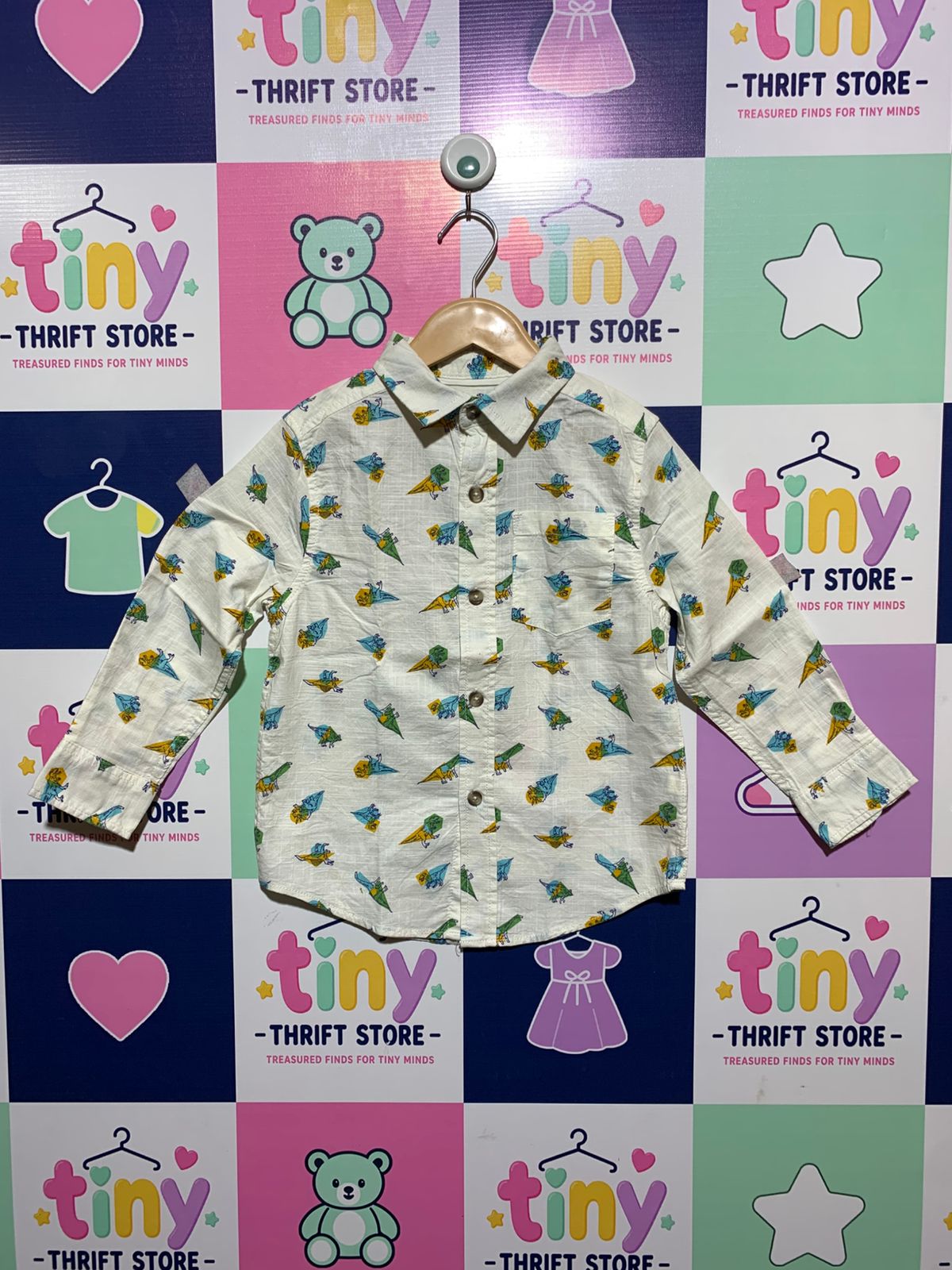 Cat & Jack Boys Dinosaur Pizza & Ice Cream Graphic Button-Down Shirt - Size XS (4/5) AB1