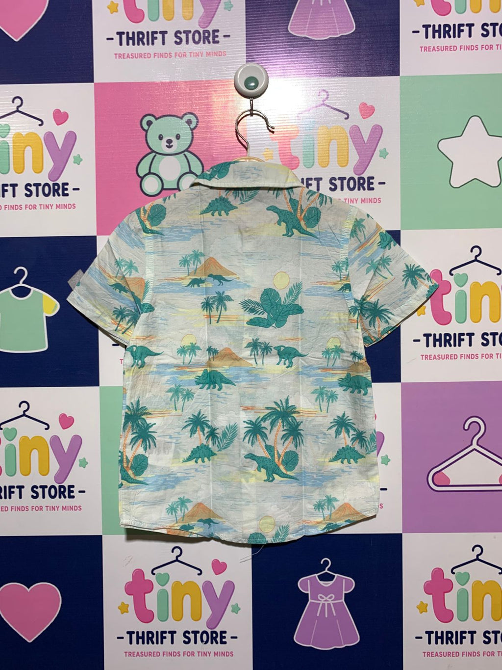 H&M Boys Tropical Dinosaur Island Short Sleeve Button-Down Shirt - Size 4-5Y AB1