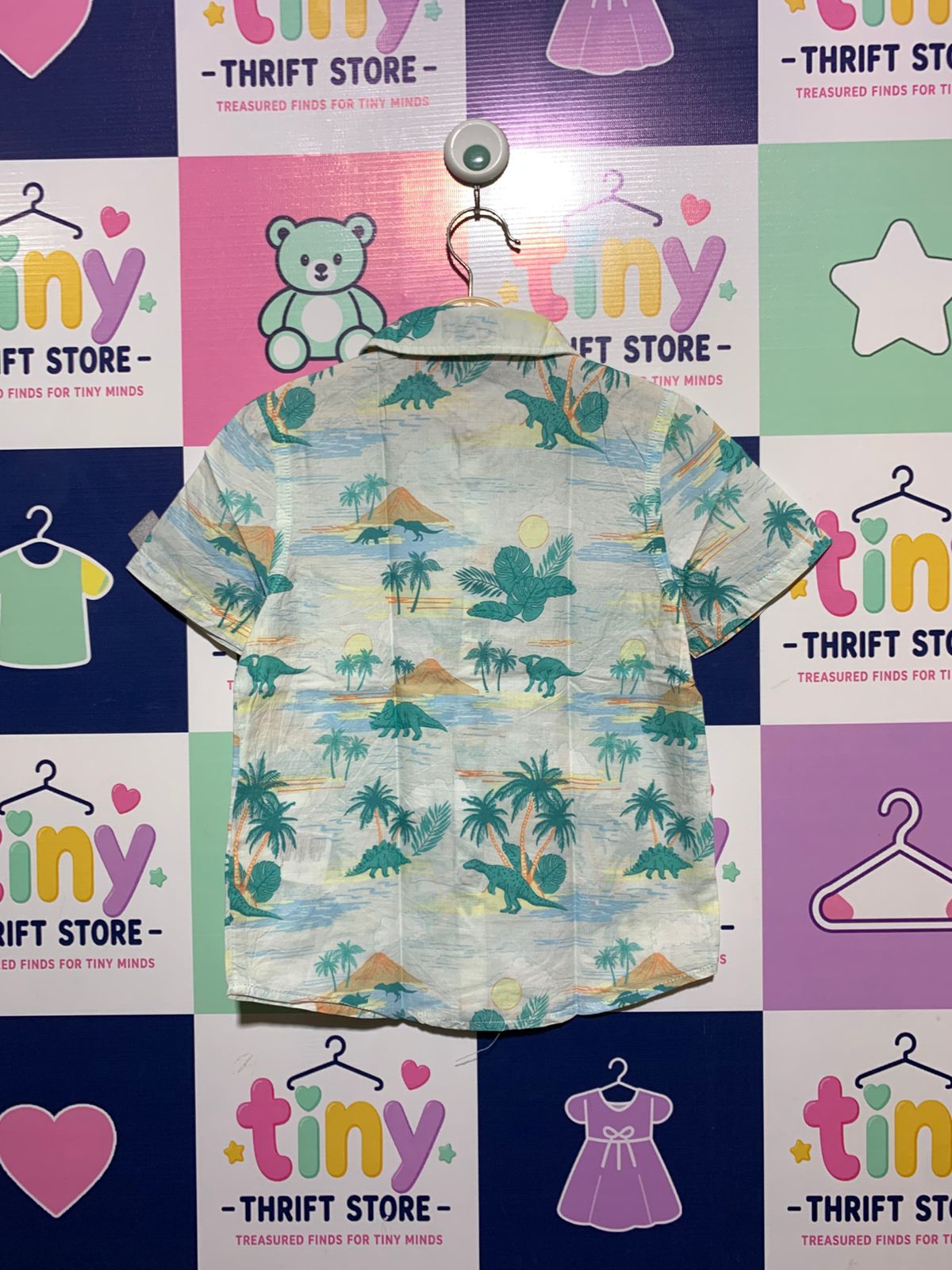 H&M Boys Tropical Dinosaur Island Short Sleeve Button-Down Shirt - Size 4-5Y AB1