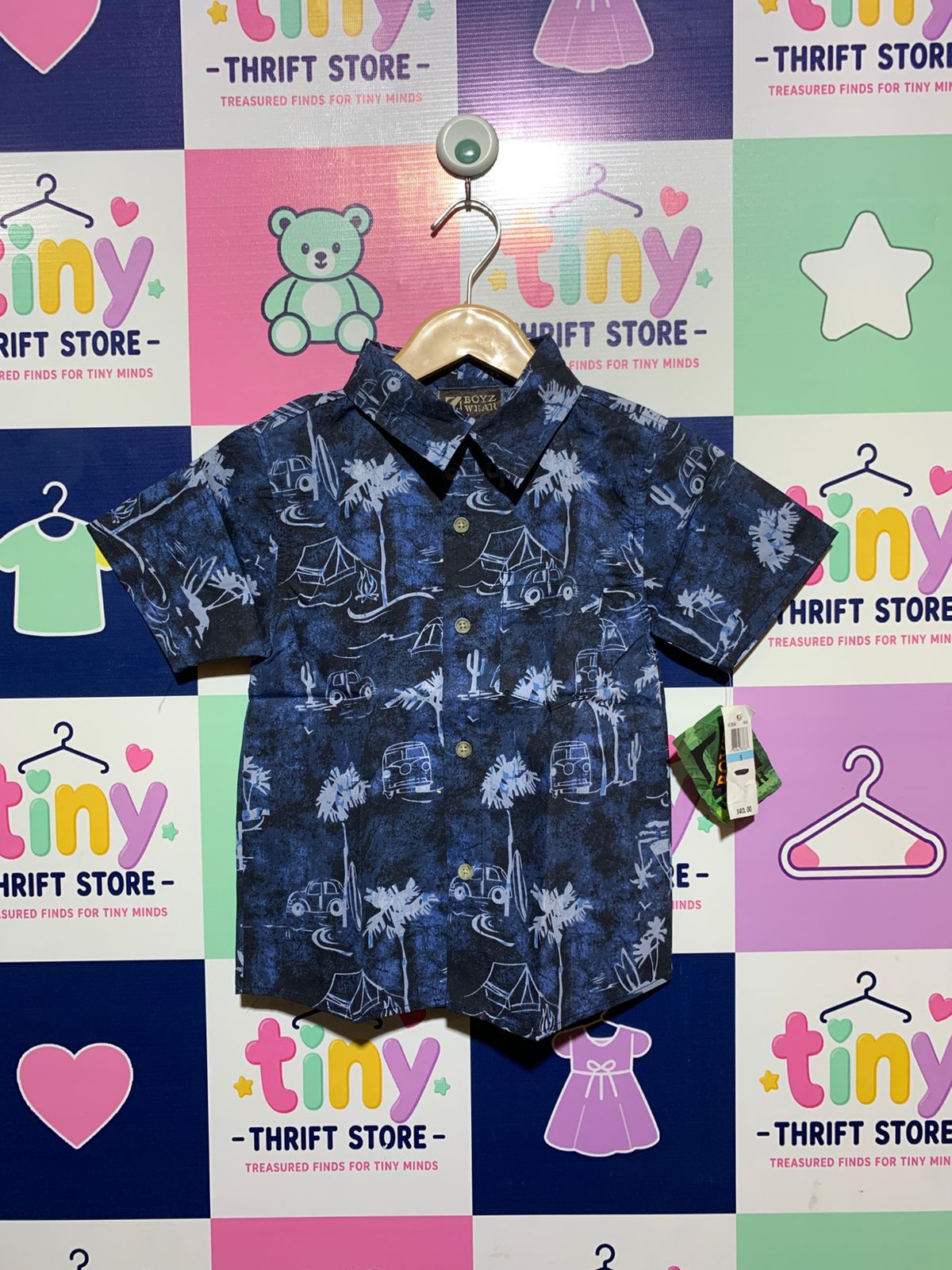 Boyz Wear Navy Blue "Tropical Adventure" Short Sleeve Button-Down Shirt - Size Estimated Age 5 Years AB1